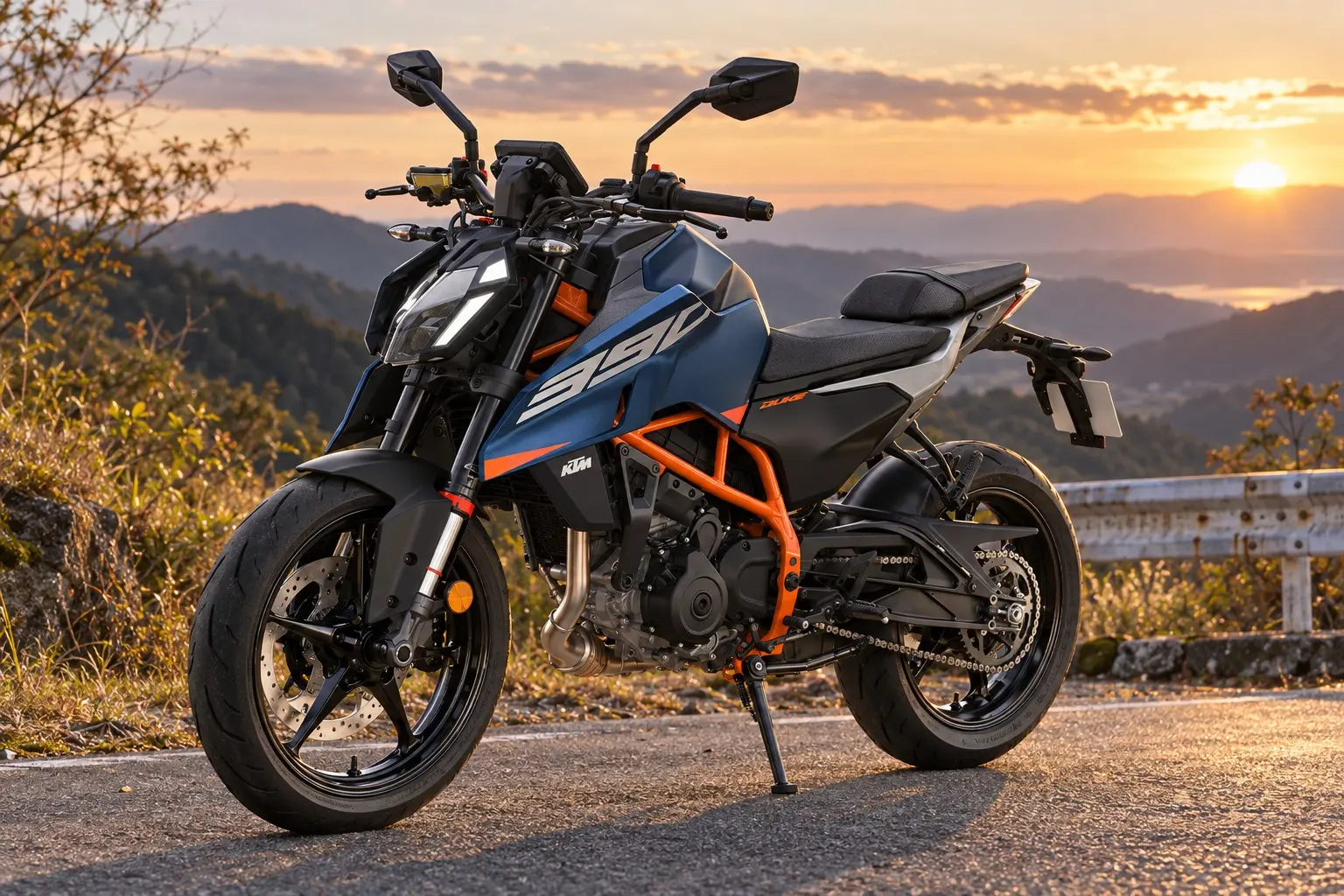 KTM 390 DUKEを斜め前から見たカット。オレンジのフレーム、角ばったヘッドライト、短いテール、むき出しの単気筒エンジン、前後17インチのホイール