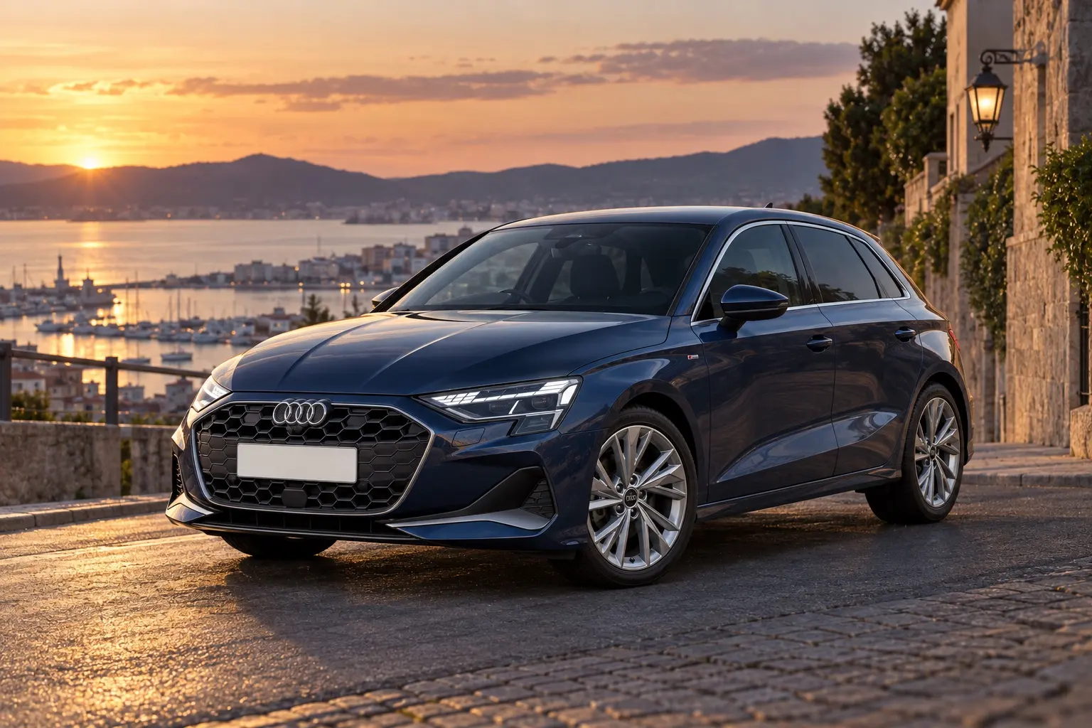 アウディ A3 Sportback 30 TFSI S lineを斜め前から見た実車イラスト。ナバーラブルーのボディ、八角形のシングルフレームグリル、細いLEDヘッドライト、18インチのホイール。夕方の港町の坂道