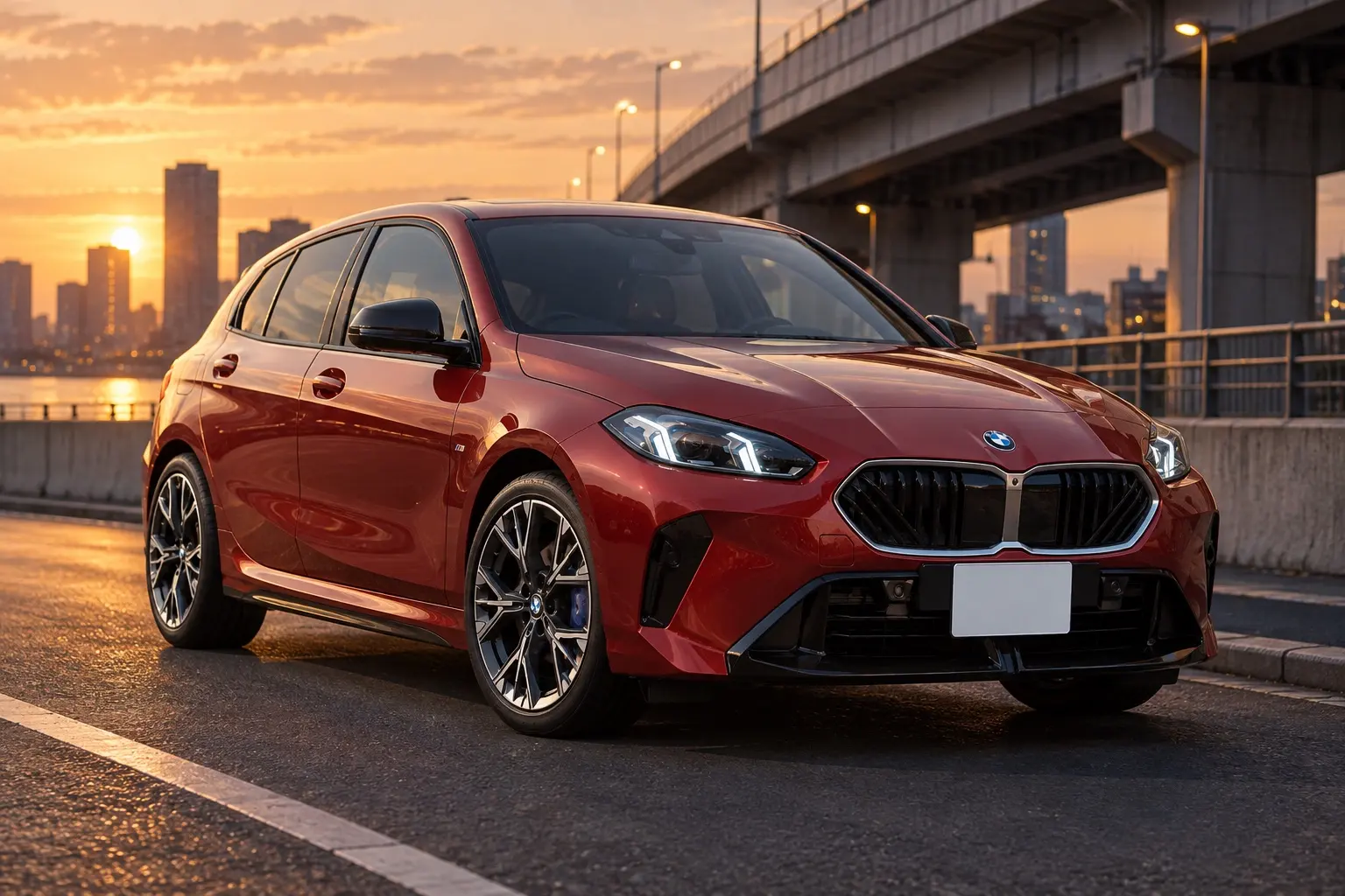 BMW 120 M Sportを斜め前から見た実車イラスト。ファイヤー・レッドのボディ、縦と斜めのバーのキドニーグリル、細いLEDヘッドライト、Mスポーツの前バンパー。夕方の高架沿いの道