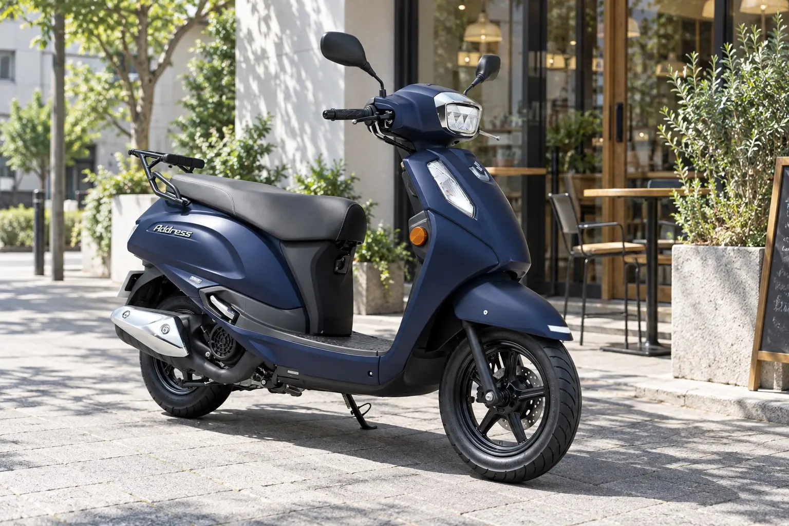 スズキ アドレス125を斜め前から見たカット。マットステラブルーの丸みのある車体、LEDヘッドライト、フラットなフロアボード、リヤキャリア