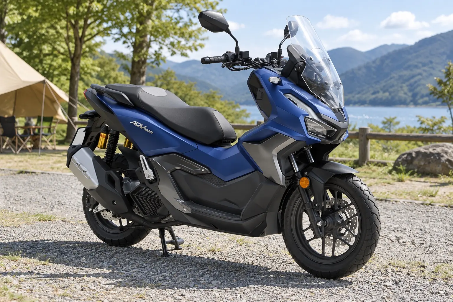 ホンダ ADV160を斜め前から見たカット。つや消しの青い車体、背の高いスクリーン、2つ目のLEDヘッドライト、前14インチのホイール