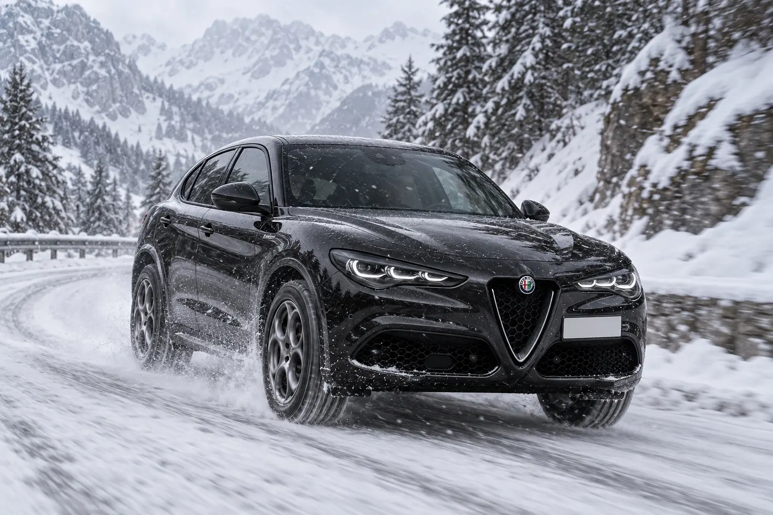 アルファロメオ ステルヴィオが雪の山道を走る実車イラスト。黒いボディのSUV、雪の積もった道