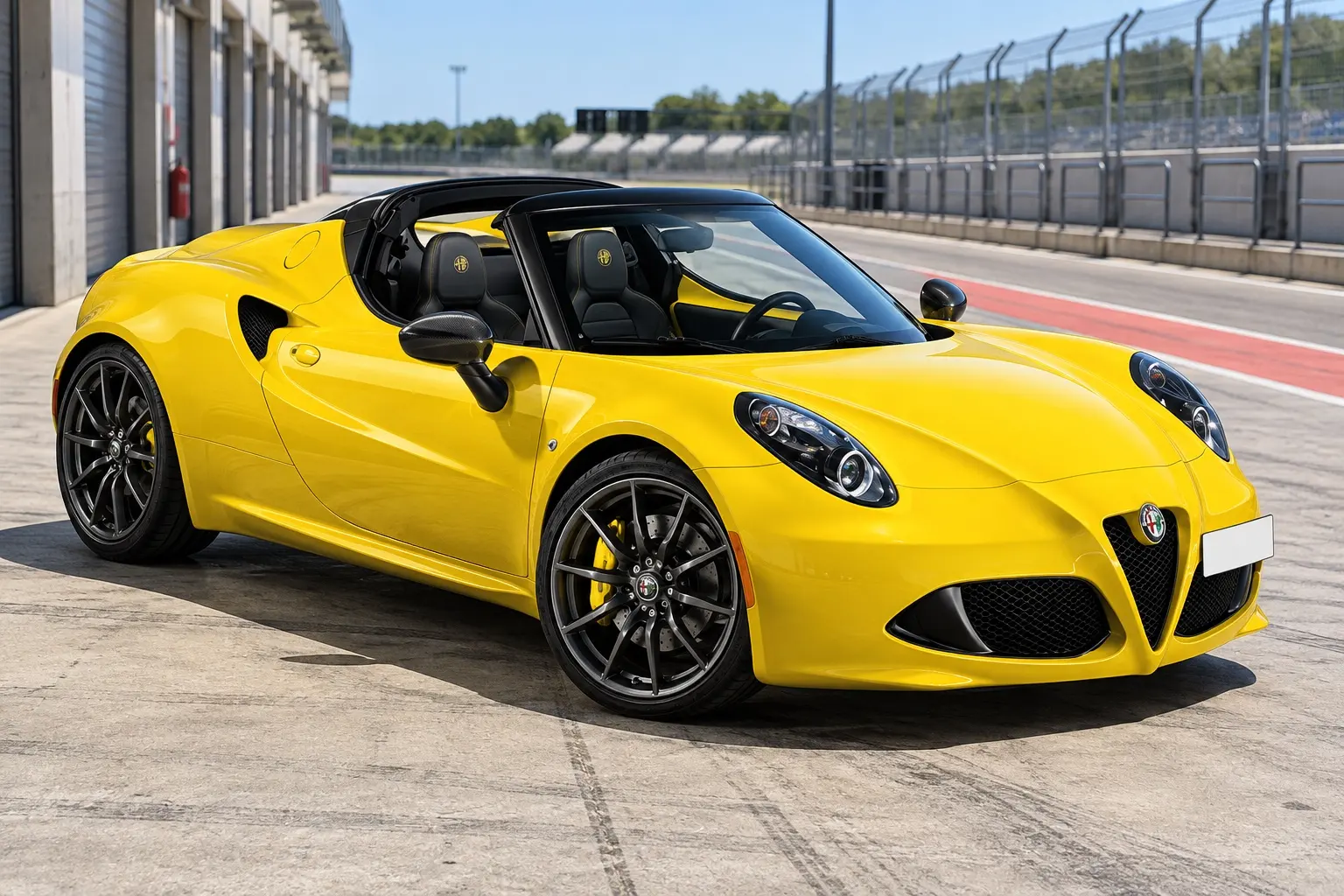 アルファロメオ 4C スパイダーを斜め前から見た実車イラスト。黄色いボディ、屋根を外したオープンの状態、黒いロールバー、大きなサイドのエアインテーク