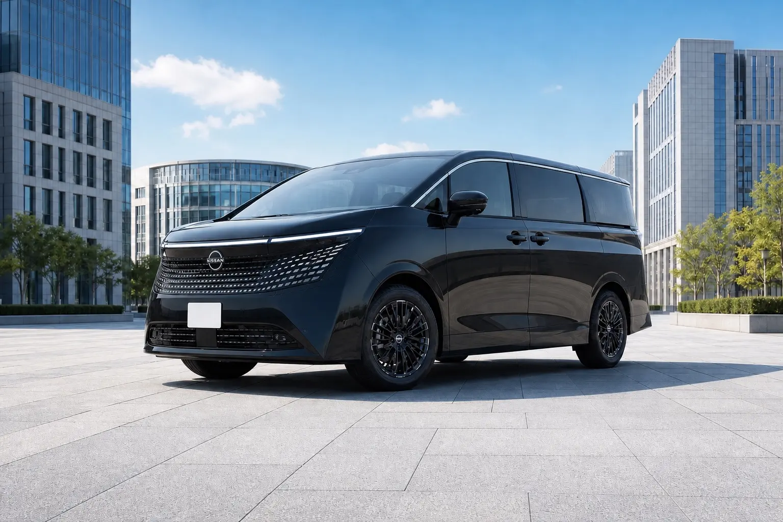 黒い日産 エルグランド（E53）を斜め前から見たカット。組子をモチーフにしたグリルと薄型ヘッドライトを持つ大型ミニバン