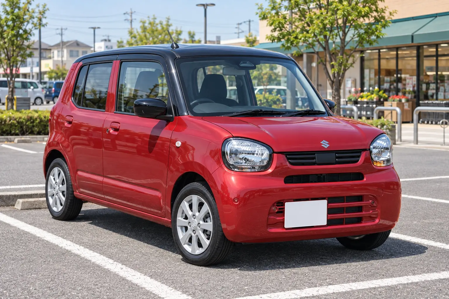 スズキ アルト HYBRID Xの斜め前からの外観。丸みのあるLEDヘッドライト、背の低いボディ、14インチのアルミホイール。ボディカラーはフェニックスレッドパール+ブラックルーフの2トーン。商店街の駐車場に停まっている