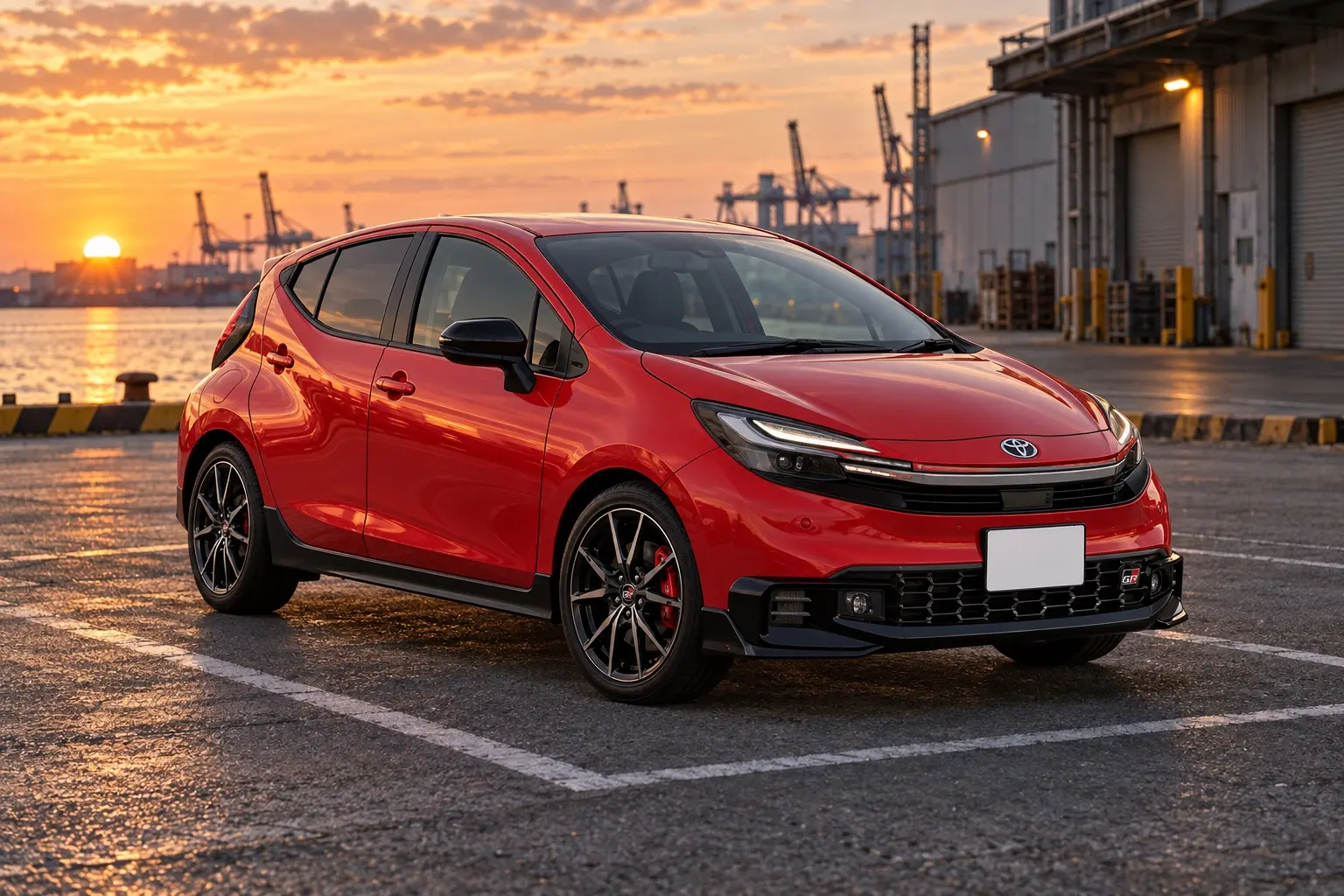 トヨタ アクア GR SPORT（2026年改良後）の斜め前からの外観。ボディカラーはエモーショナルレッドII。港の倉庫街の駐車スペースに停まっている