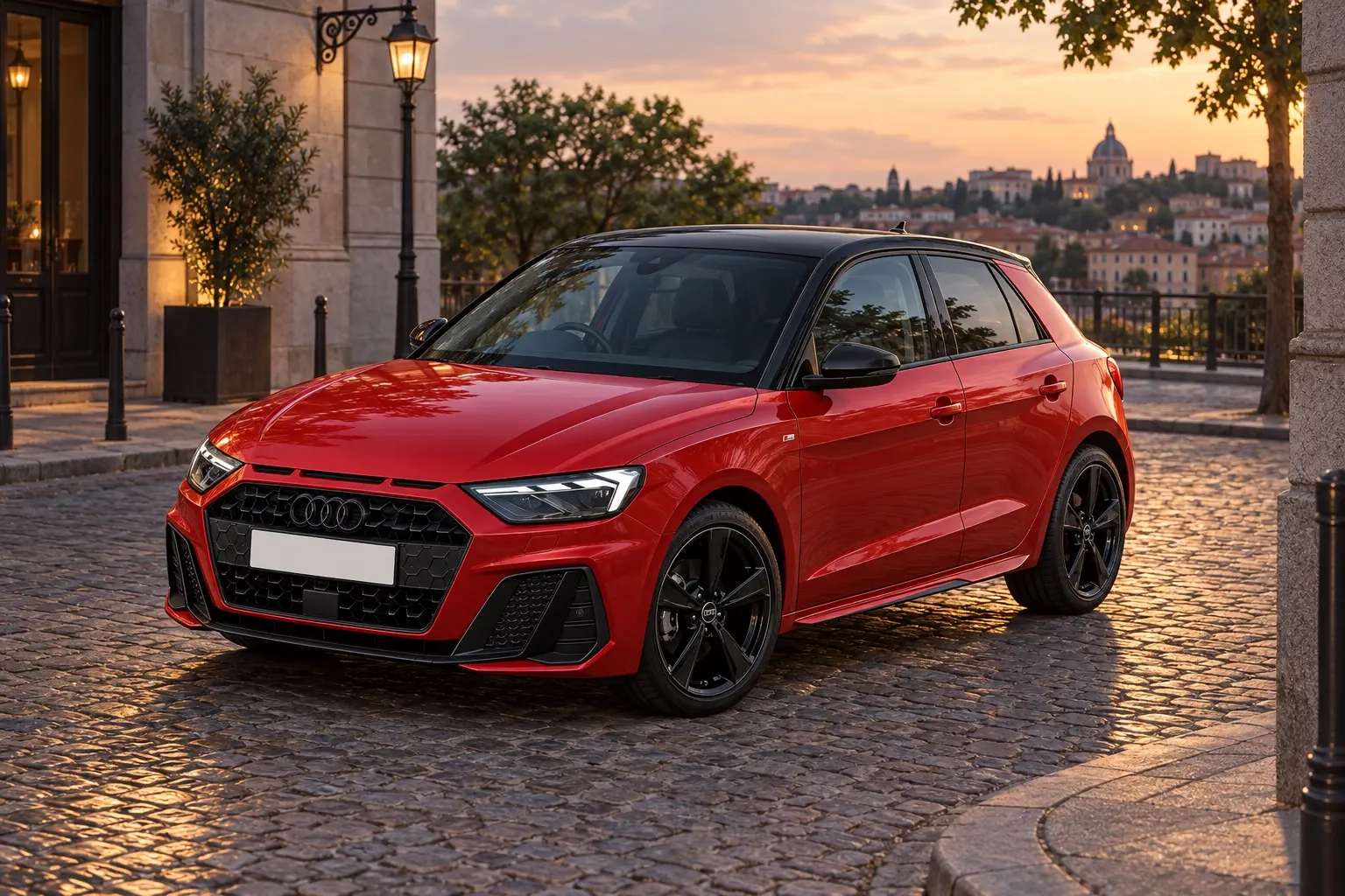 アウディ A1 Sportbackを斜め前から見た実車イラスト。プログレッシブレッドのボディに黒いコントラストルーフ、横長の八角形のシングルフレームグリル、グリルの上に3つ並んだスリット、細いLEDヘッドライト。夕方の石畳の街角