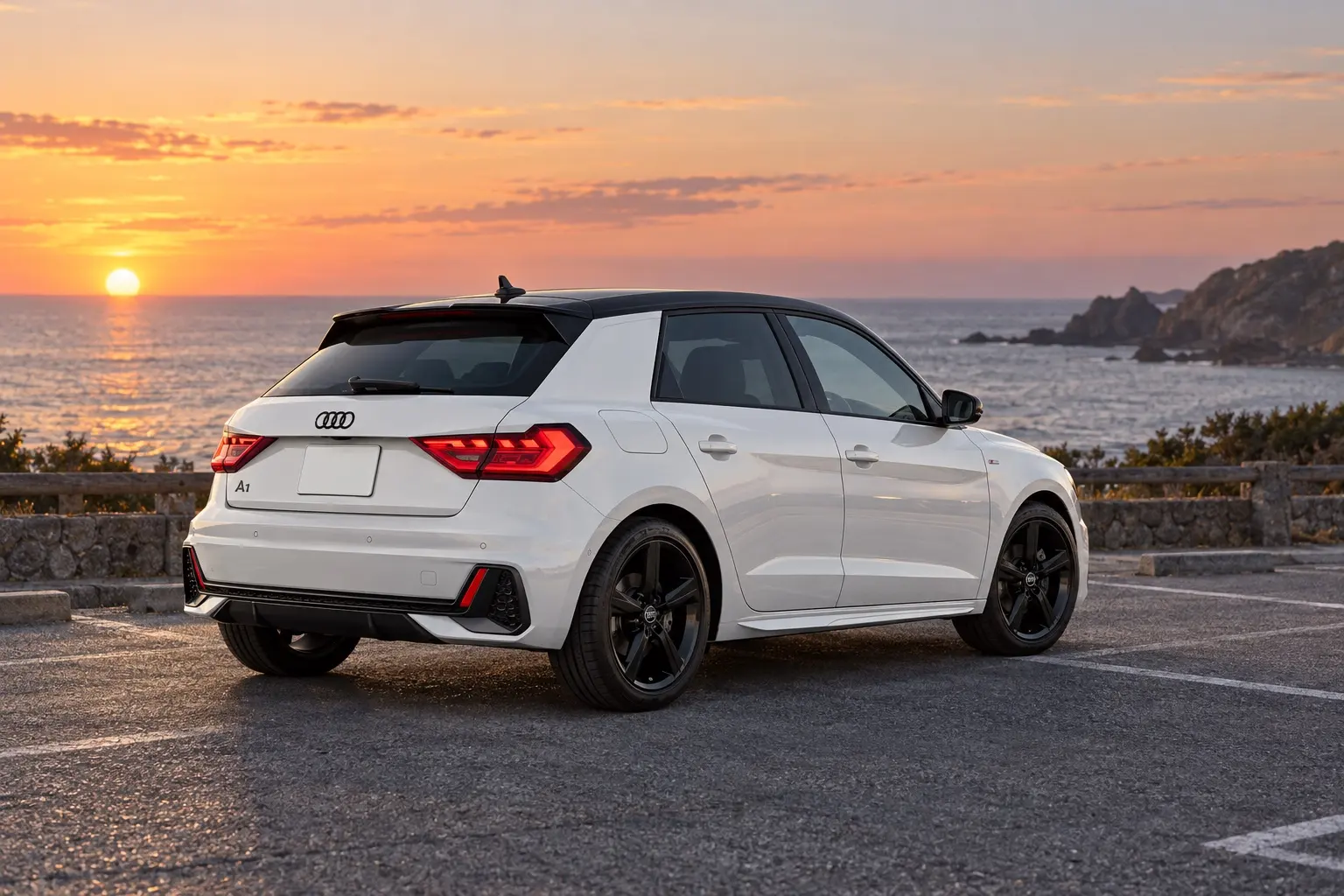 アウディ A1 Sportbackを斜め後ろから見た実車イラスト。グレイシアホワイトのボディに黒いコントラストルーフ、ルーフスポイラー、横長のLEDテールランプ。夕方の海沿いの駐車場