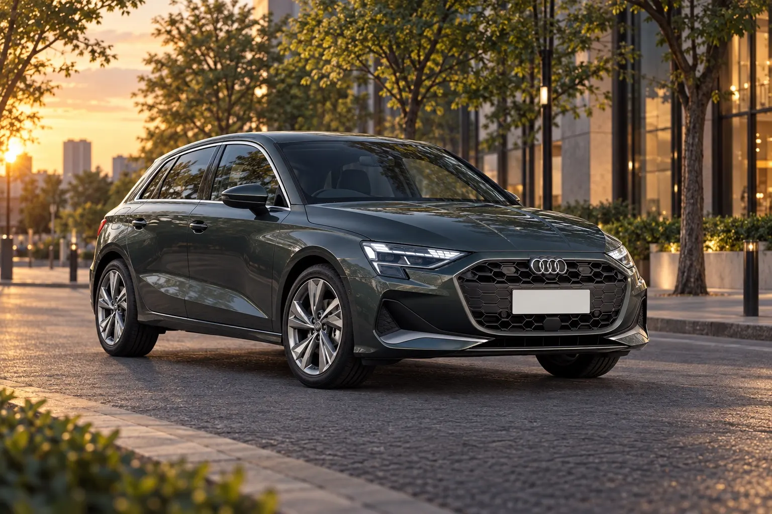 アウディ A3 Sportbackを斜め前から見た実車イラスト。ディストリクトグリーンのボディ、ワイドな八角形のシングルフレームグリル、鋭く切れ上がったLEDヘッドライト、張り出したフェンダー。夕方の都会の並木道
