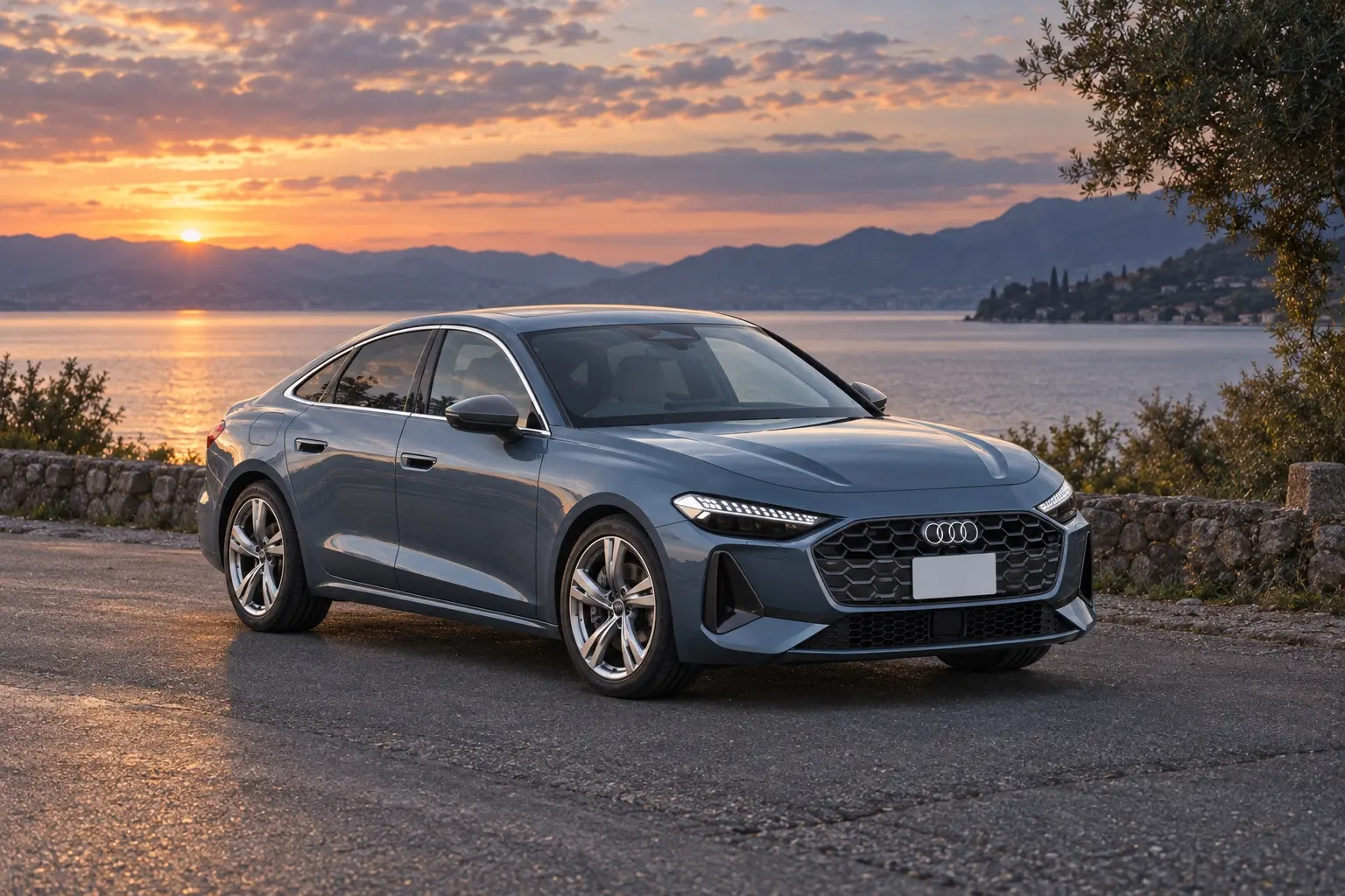 アウディ A5のセダンを斜め前から見た実車イラスト。ファーマメントブルーのボディ、横長の八角形のシングルフレームグリル、細く鋭いLEDヘッドライト、なだらかに下がるルーフ。夕方の湖畔の道