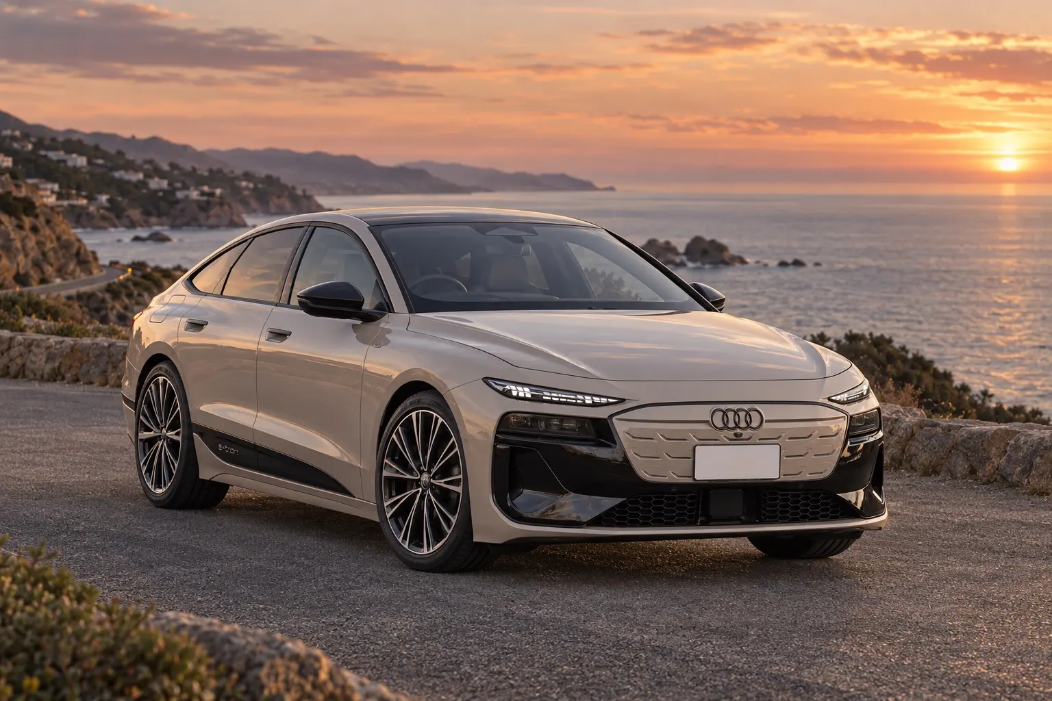アウディ A6 Sportback e-tronを斜め前から見た実車イラスト。シアムベージュのボディ、開口の少ない八角形のシングルフレームグリル、細く切れ上がったライト、なだらかに下がるルーフ。夕方の海沿いの道