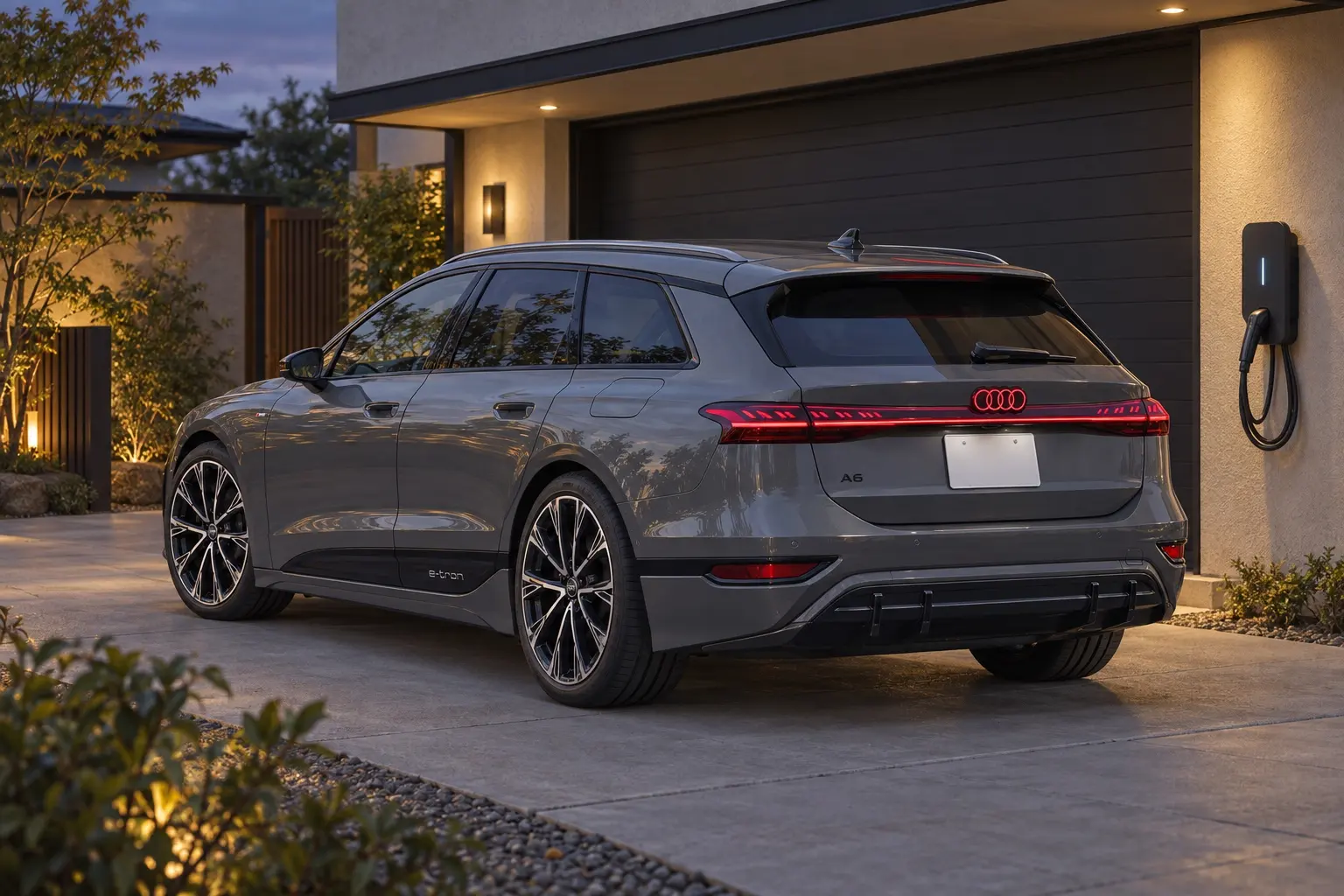 アウディ A6 Avant e-tronを斜め後ろから見た実車イラスト。グレーのボディ、長く伸びるルーフとルーフレール、左右をつなぐテールライトと光るAudi rings。夕方の自宅のガレージ前に充電器