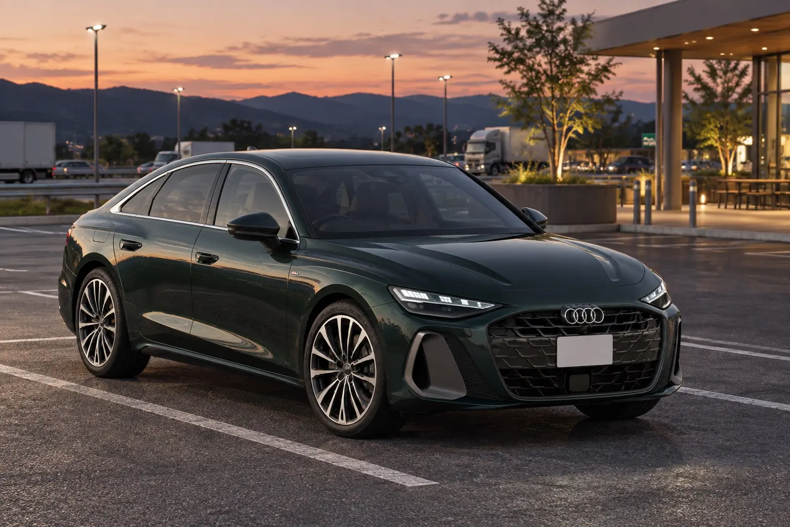 新型アウディ A6のセダンを斜め前から見た実車イラスト。ミッドナイトグリーンのボディ、横長の八角形のシングルフレームグリル、細く鋭いデジタルマトリクスLEDヘッドライト、なだらかに後ろへ下がるルーフとトランク。夕方の高速道路のサービスエリア