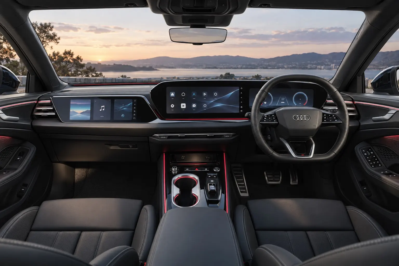 新型アウディ A6のコックピットの実車イラスト。11.9インチのバーチャルコックピットと14.5インチの中央のタッチ画面、助手席の前にもう1枚の横長の画面、左右のドアまで回り込むダッシュボード、3スポークのハンドル。日本仕様の右ハンドル
