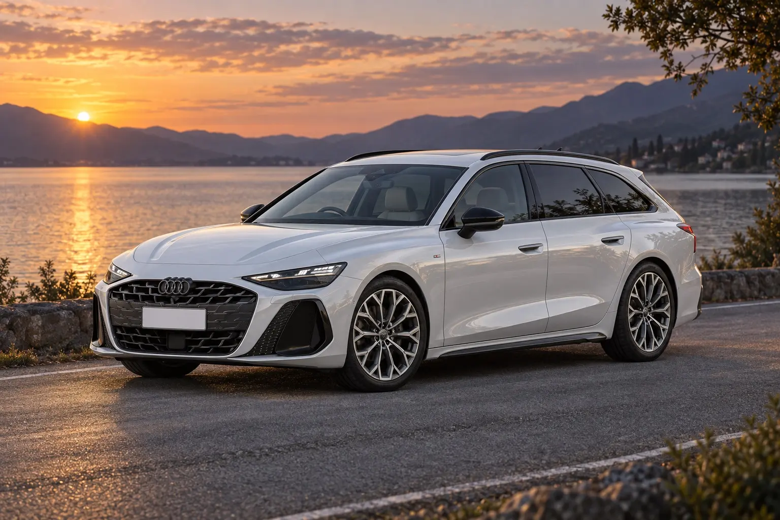 新型アウディ A6 Avantを斜め前から見た実車イラスト。グレイシアホワイトのボディ、横長の八角形のシングルフレームグリル、細く鋭いヘッドライト、後ろへ長く伸びるルーフとルーフレール。夕方の湖畔の道