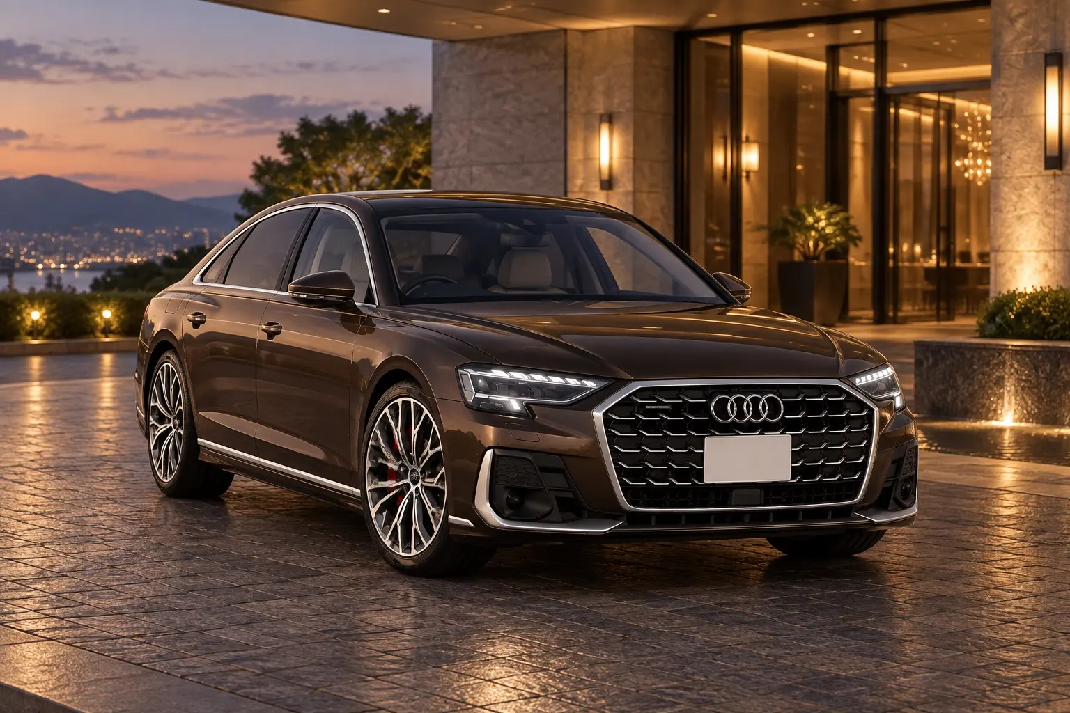 アウディ A8を斜め前から見た実車イラスト。マデイラブラウンのボディ、大きく横に広い八角形のシングルフレームグリル、細く長いLEDヘッドライト、長いボンネットと伸びやかなサイドライン。夕方の高級ホテルのエントランス前