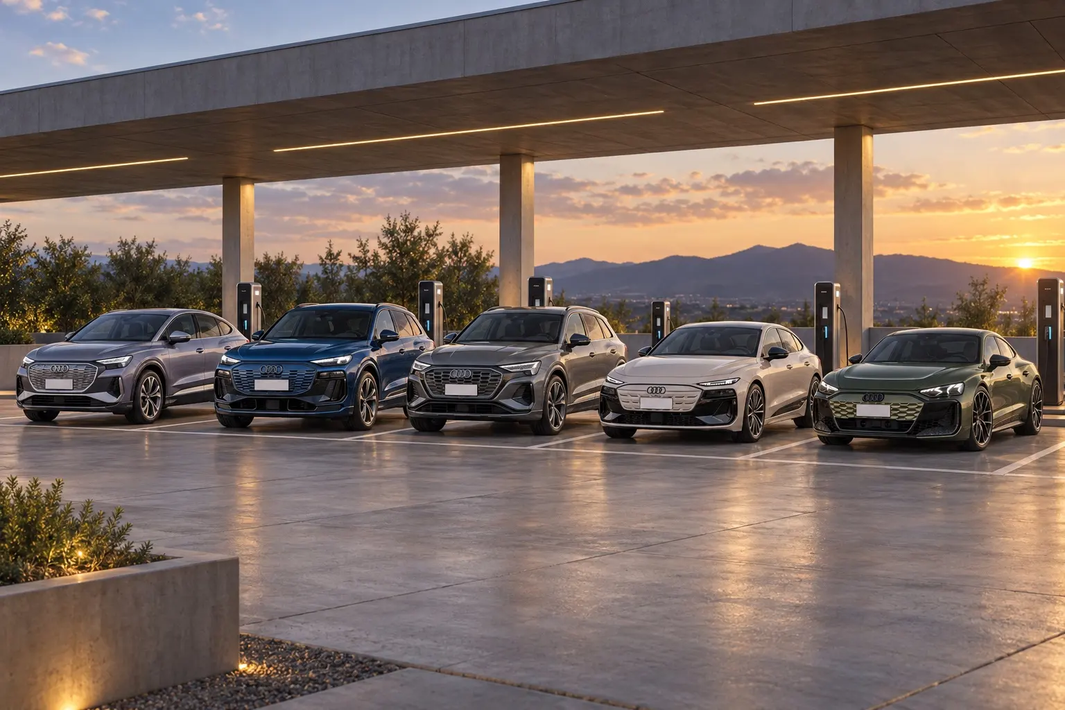 アウディの電気自動車5台(Q4 e-tron・Q6 e-tron・Q8 e-tron・A6 Sportback e-tron・e-tron GT)を横一列に並べた実車イラスト。色はそれぞれ違う。充電スタンドの並ぶ広い屋根付きの駐車場、夕方