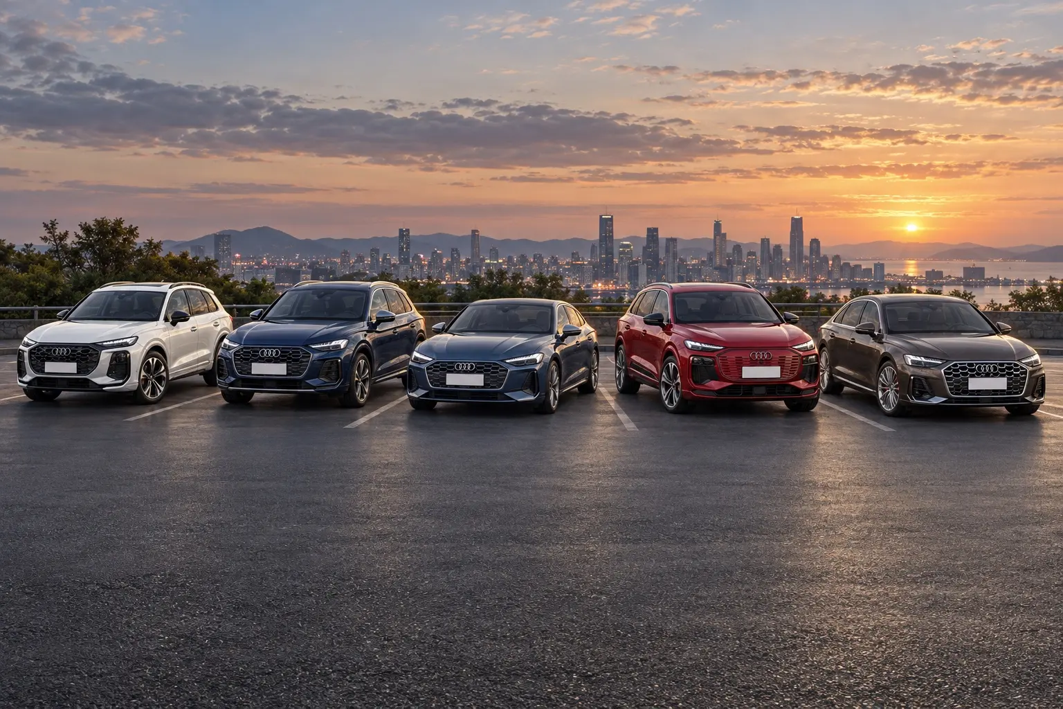 アウディのQ3・Q5・A5・Q6 e-tron・A8の5台を、斜め前から見て横一列に並べた実車イラスト。色はそれぞれ違う。夕方の広い屋外駐車場、遠くに街並み