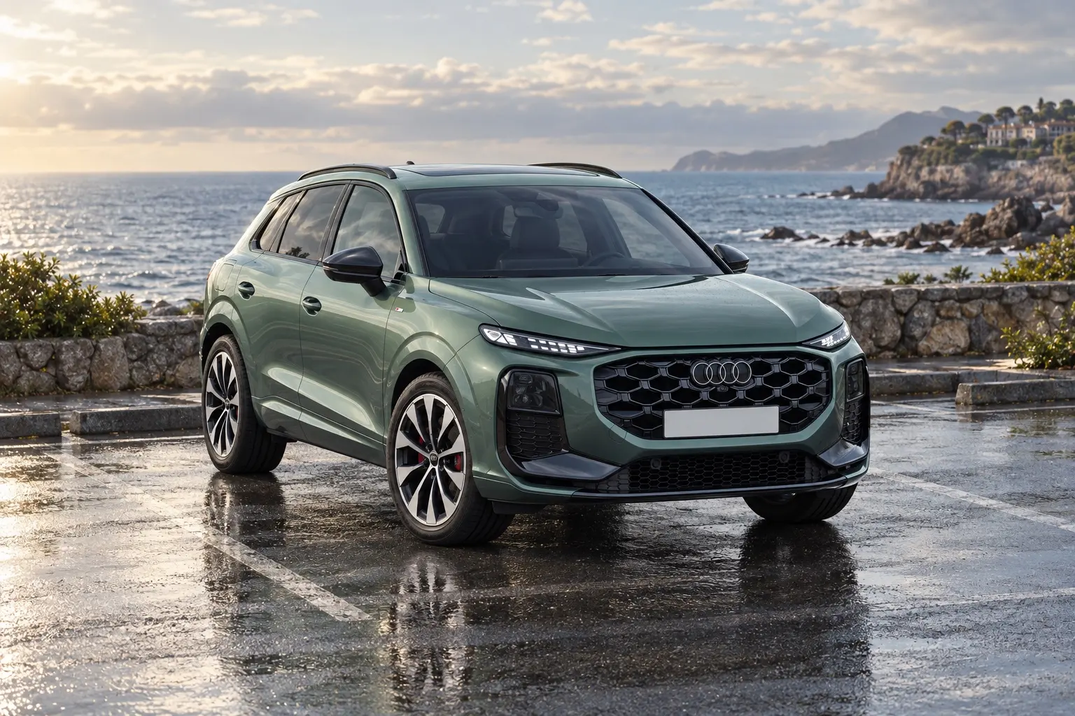新型アウディ Q3を斜め前から見た実車イラスト。セージグリーンのボディ、横長の八角形シングルフレームグリル、切れ長の細いデイタイムランニングライト、張り出したフェンダー。雨上がりの海沿いの駐車場、朝