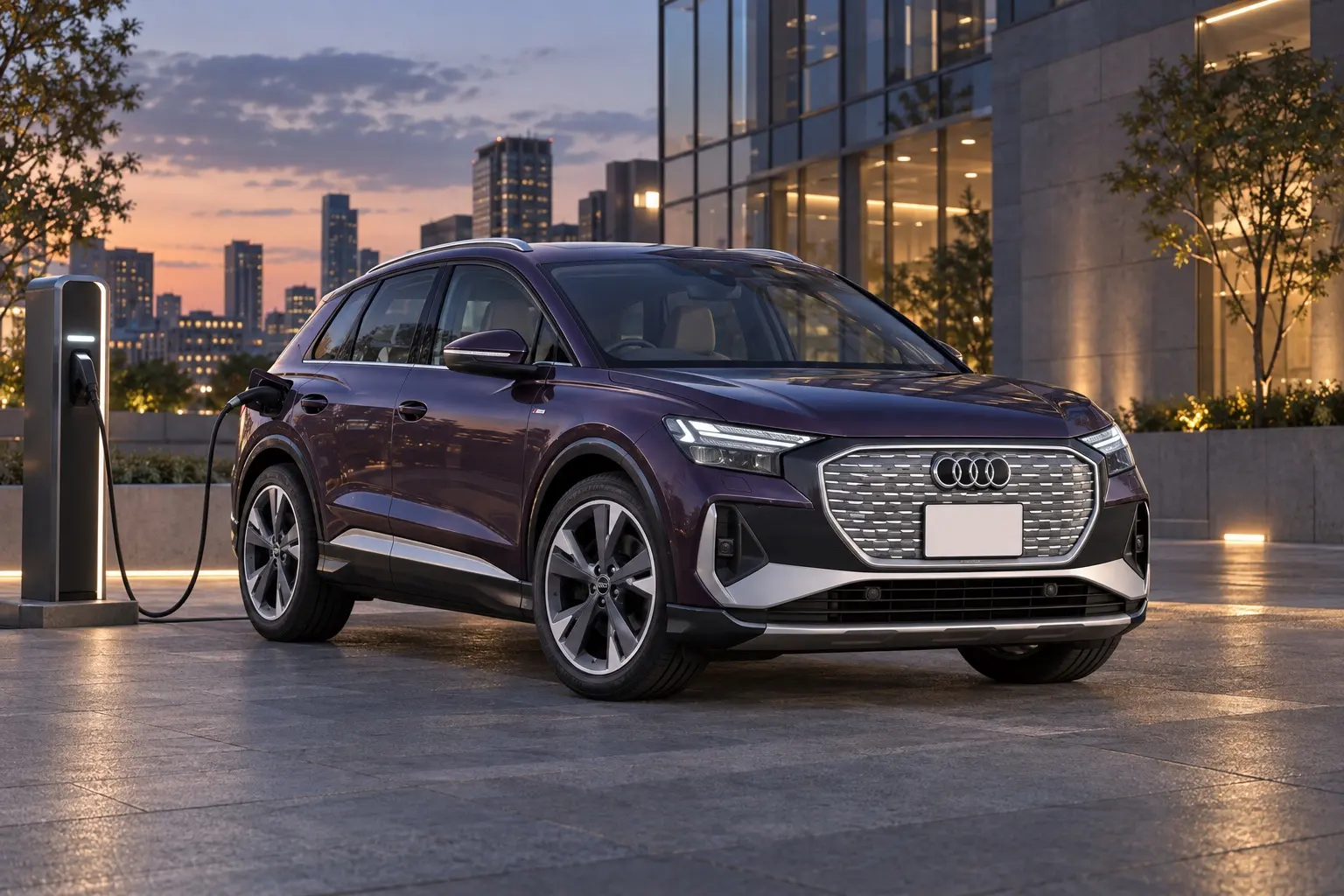 アウディ Q4 e-tronを斜め前から見た実車イラスト。オーロラバイオレットのボディ、八角形のシングルフレームグリル、細いLEDヘッドライト。夕方の街の充電スタンドの前