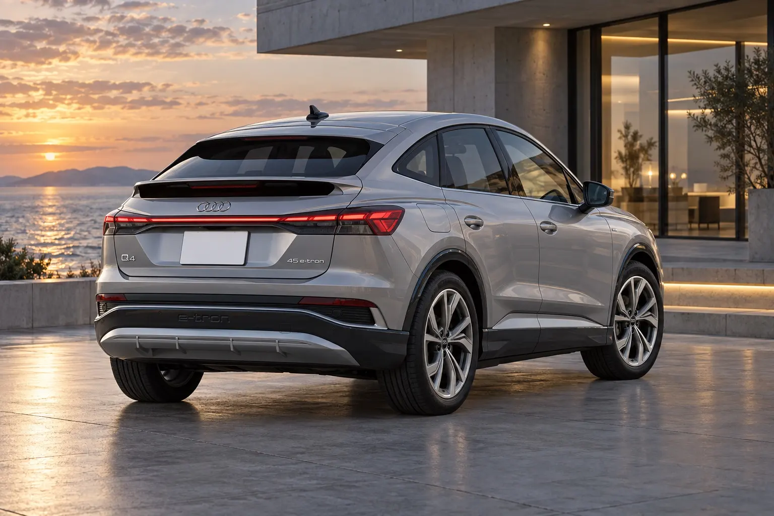 アウディ Q4 Sportback e-tronを斜め後ろから見た実車イラスト。フロレットシルバーのボディ、後ろに向かってなだらかに下がるルーフ、左右をつなぐLEDテールランプ。海沿いの近代的な建物の前、夕方