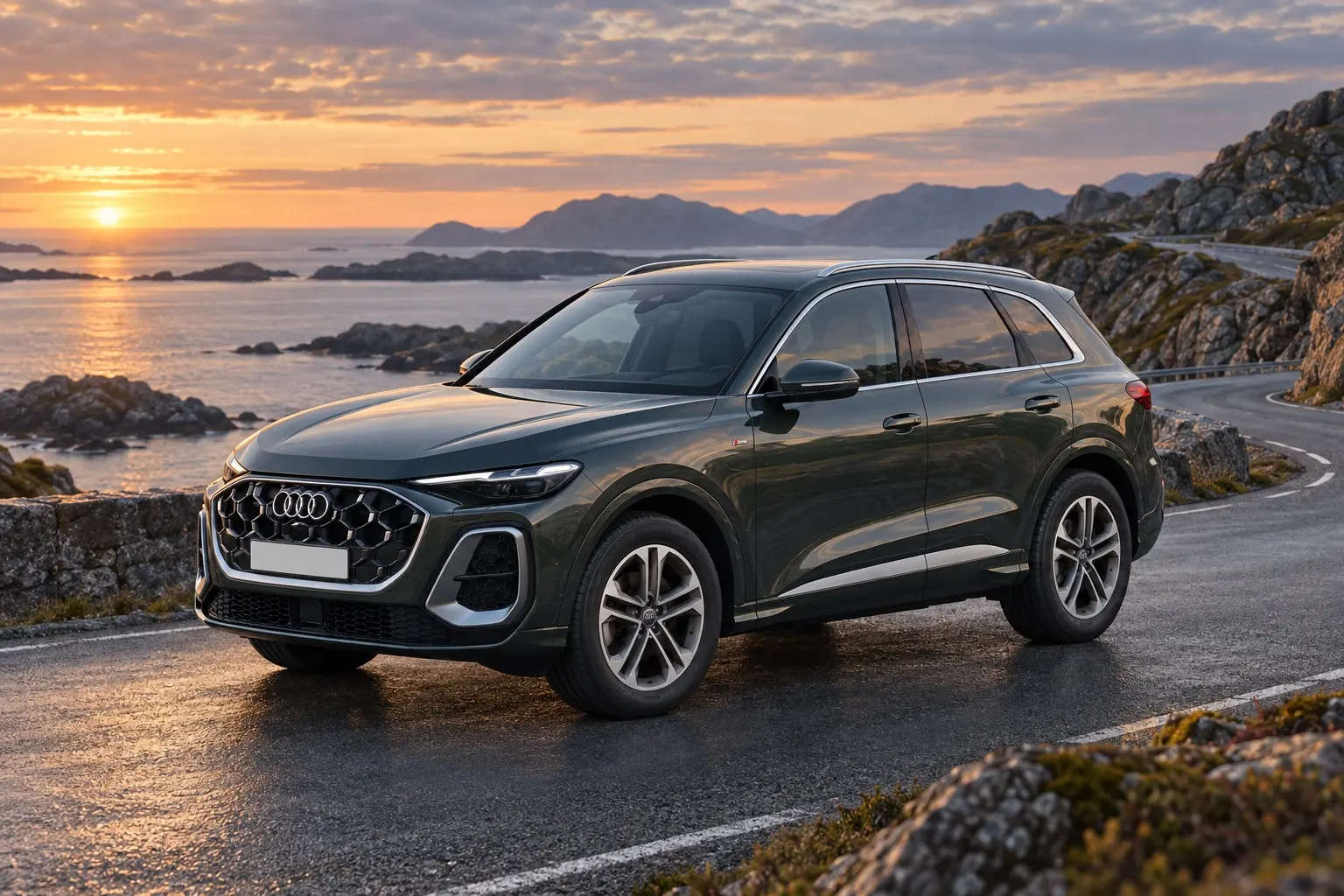 新型アウディ Q5を斜め前から見た実車イラスト。ディストリクトグリーンのボディ、大きな八角形のシングルフレームグリル、細いLEDのデイタイムランニングライト、ふくらみのある前後フェンダー。北欧の海沿いのワインディング、夕方