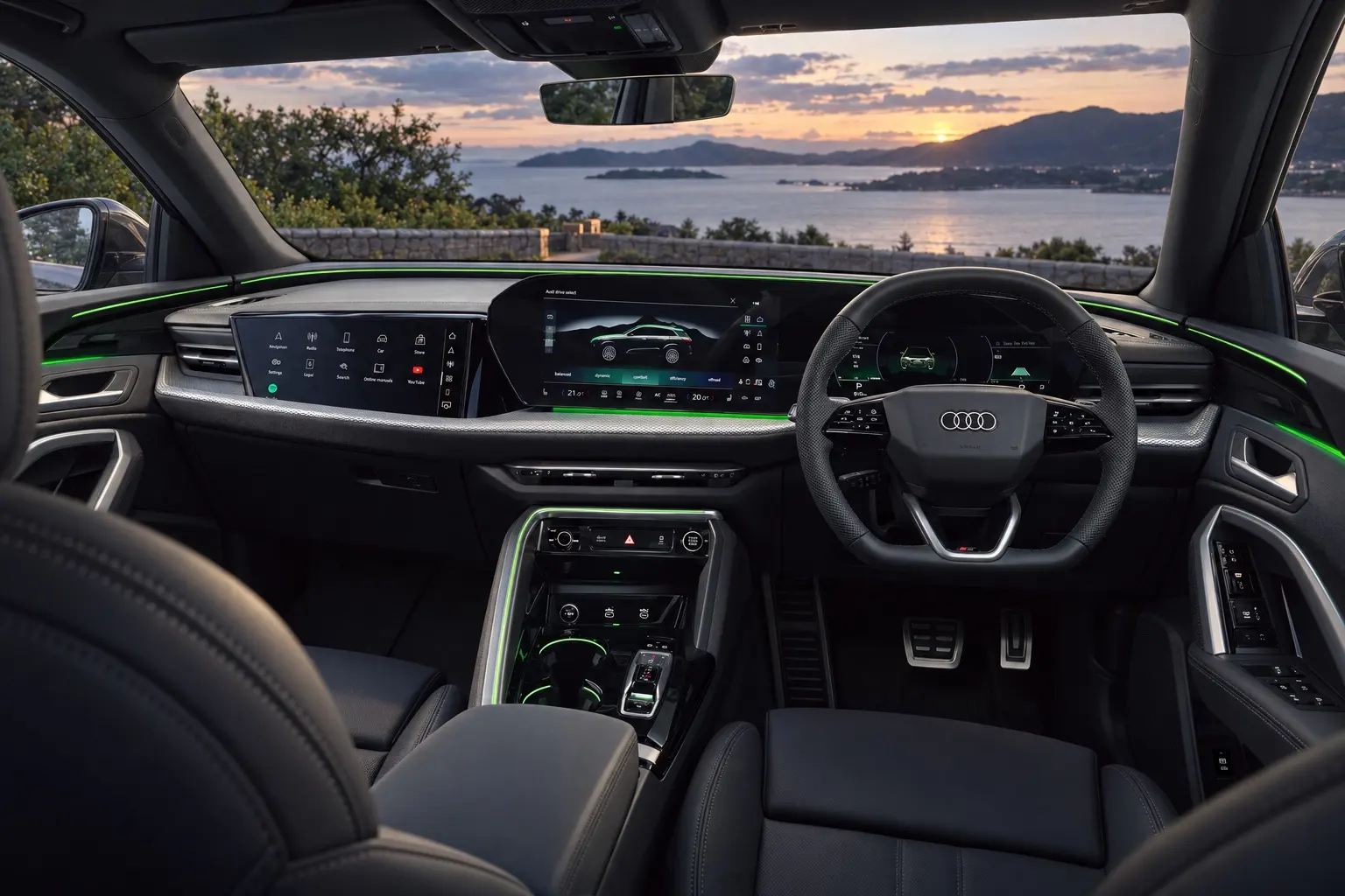 新型アウディ Q5のコックピットの実車イラスト。バーチャルコックピットプラスと中央の大きなタッチ画面、助手席の前にもう1枚の横長の画面、緑のアンビエントライトのライン、3スポークのハンドル。日本仕様の右ハンドル