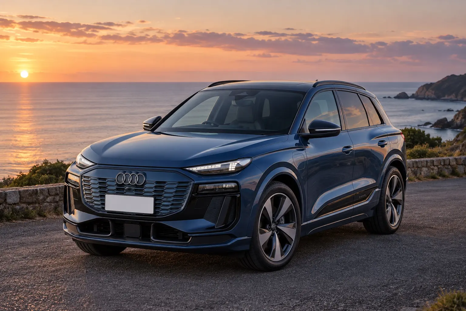 アウディ Q6 e-tronを斜め前から見た実車イラスト。プラズマブルーのボディ、縦桟の入った大きな八角形のシングルフレームグリル、上下に分かれた細いライト。夕暮れの海沿いの道