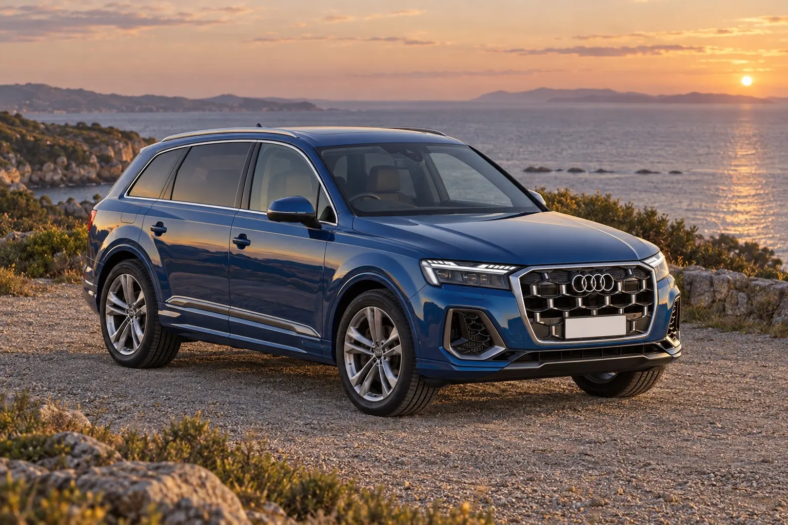 アウディ Q7を斜め前から見た実車イラスト。アスカリブルーのボディ、縦桟の入った大きな八角形のシングルフレームグリル、細いマトリクスLEDヘッドライト、長いルーフ。夕方の海沿いの砂利道