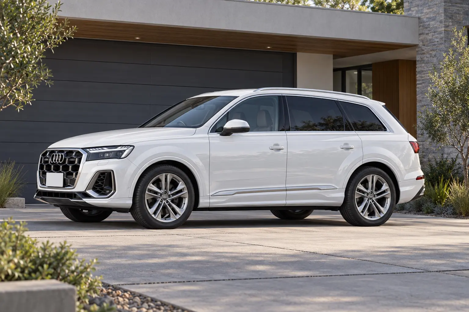 アウディ Q7を真横からやや前寄りに見た実車イラスト。グレイシアホワイトのボディ、長く水平に伸びるルーフとルーフレール、3列目まで続く大きなサイドウィンドウ、20インチのホイール。モダンな住宅のガレージ前、午後の光