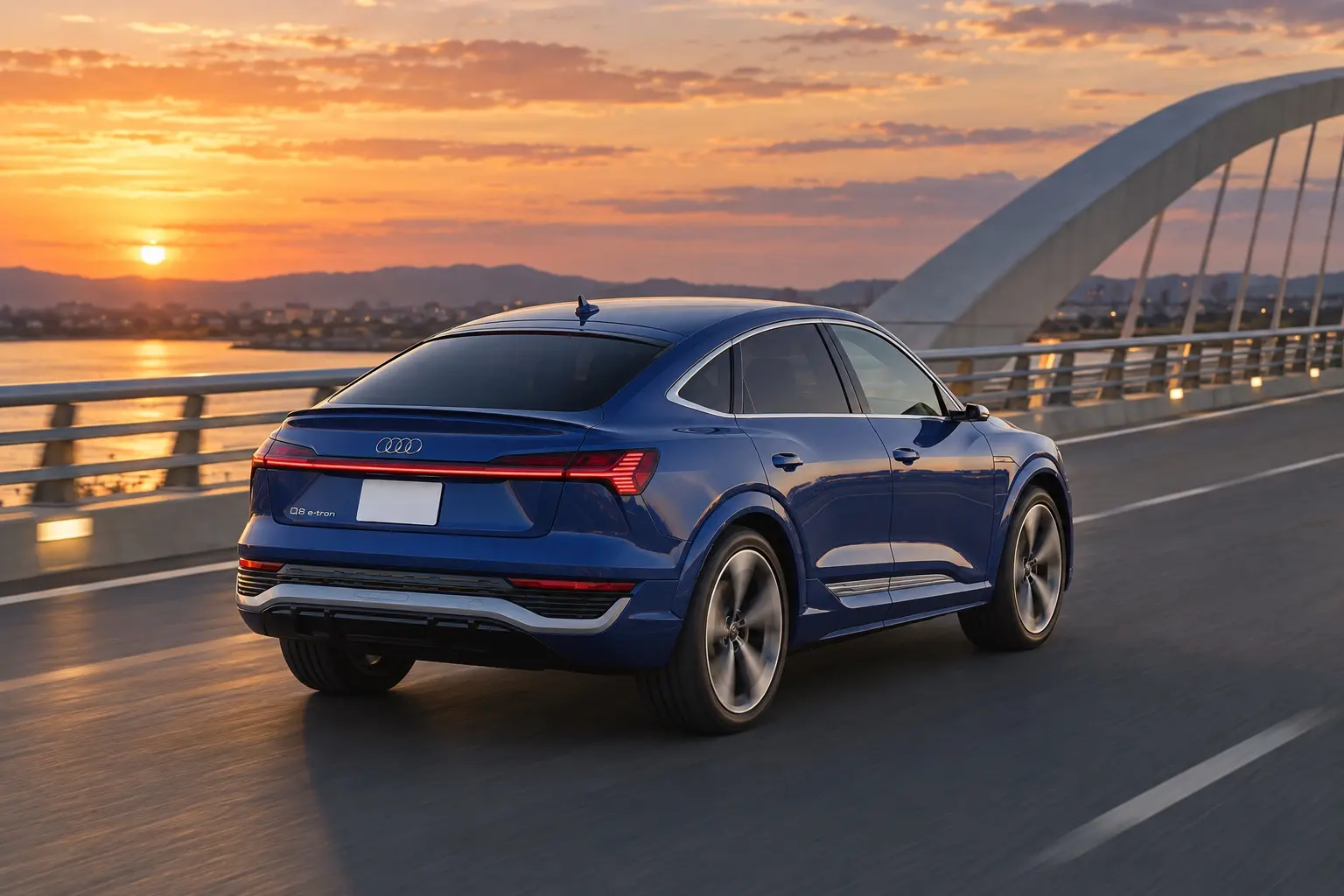アウディ Q8 Sportback e-tronを斜め後ろから見た実車イラスト。ウルトラブルーのボディ、なだらかに下がるルーフ、左右をつなぐテールライト。夕方の橋の上の道路