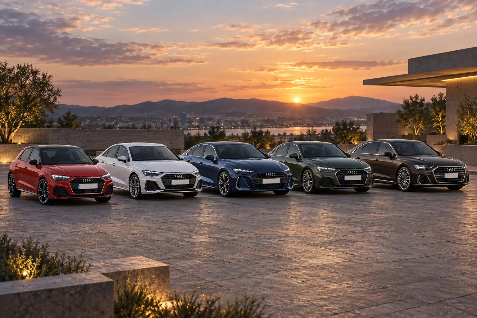 アウディのA1 Sportback・A3 Sedan・A5・A6・A8の5台を、斜め前から見て横一列に並べた実車イラスト。色はそれぞれ違う。夕方の広い石畳の広場