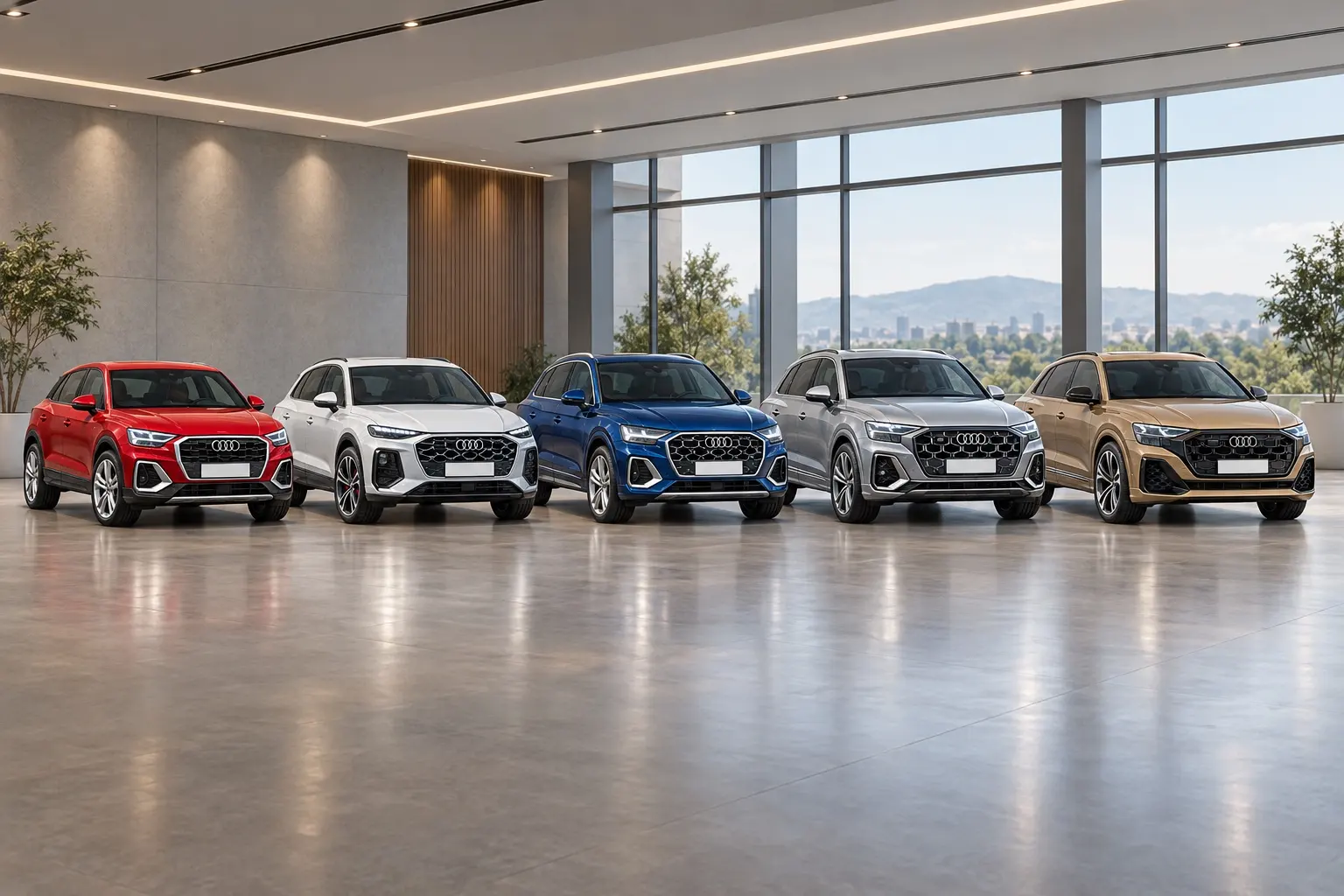 アウディのSUV（Q2・Q3・Q5・Q7・Q8）を小さい順に横一列に並べた実車イラスト。色はそれぞれ違う。広いショールームの床、柔らかな照明