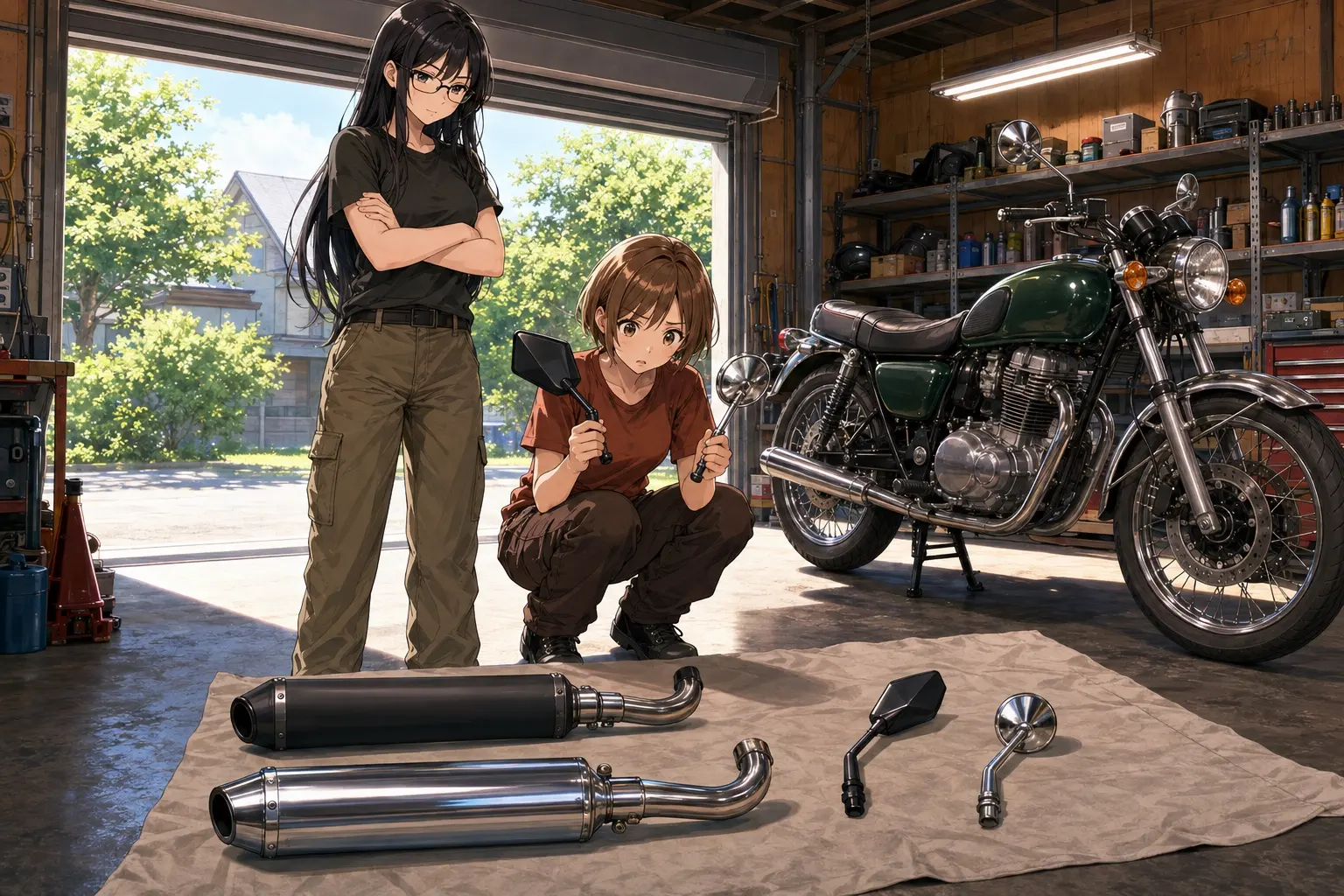 ガレージで、社外マフラーを外したバイクの横に純正パーツを並べて、腕を組んで考えているモモと、それを見ているレイ