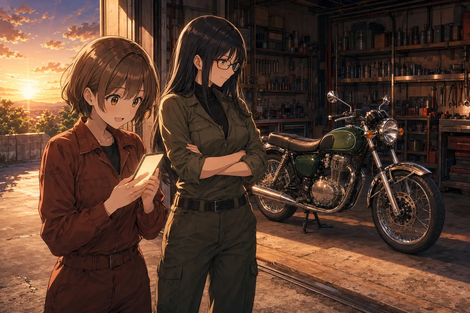 夕方のガレージの前。スマホで相場を調べているモモと、その横で自分のバイクを眺めているレイ