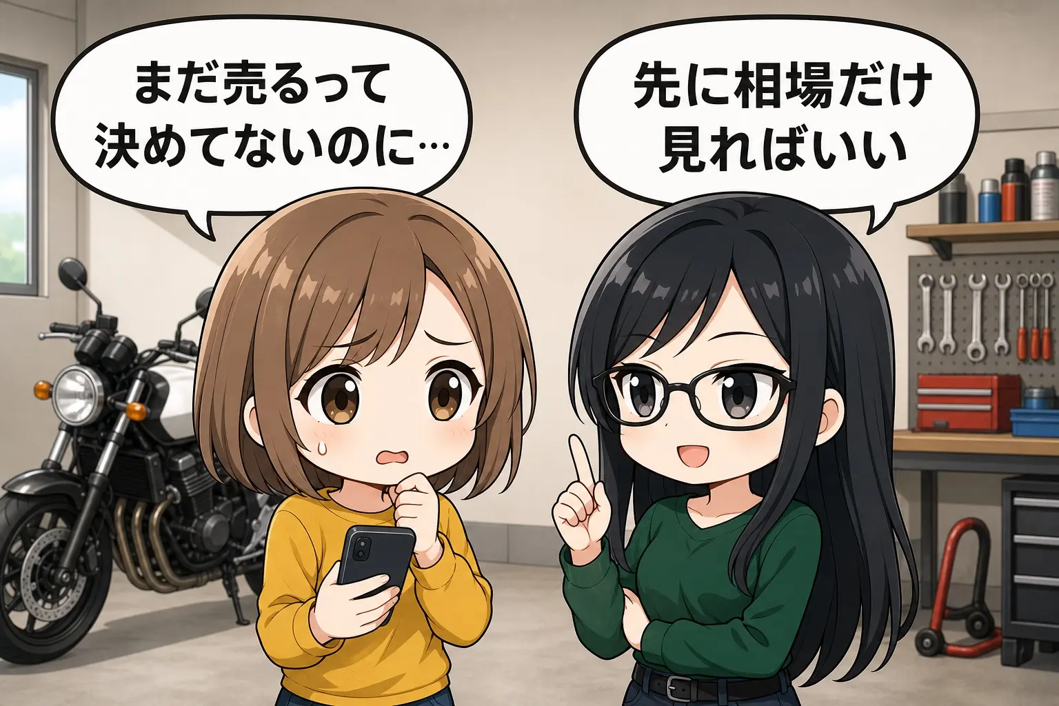 ガレージでスマホを持ち、買取店に連絡する前に相場を調べようとしているモモと、横で説明するレイ