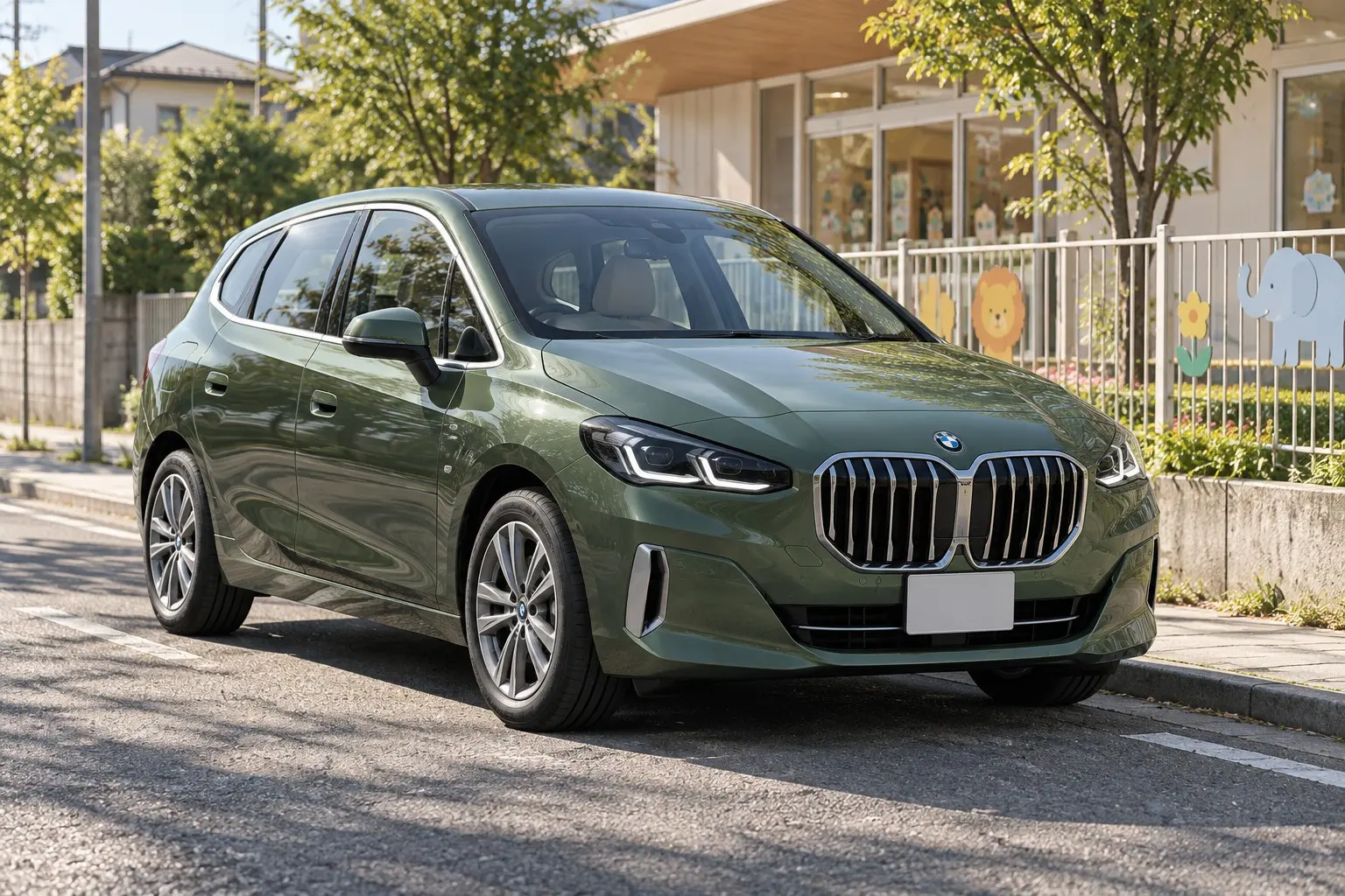 BMW 2シリーズ アクティブ ツアラー（U06型）220i Exclusiveを斜め前から見た実車イラスト。サンレモ・グリーンのボディ、大きなキドニー・グリル、細いLEDヘッドライト、背の高いハッチバックの形。朝の住宅街、保育園の前の道