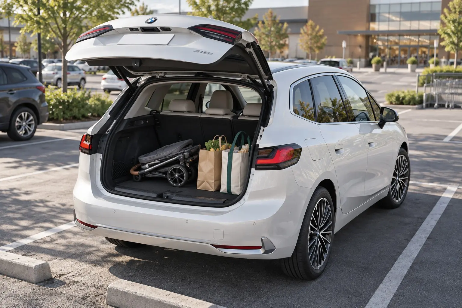 BMW 2シリーズ アクティブ ツアラー（U06型）を斜め後ろから見た実車イラスト。テールゲートを開けた状態で、広い荷室にベビーカーと買い物袋が積まれている。ミネラル・ホワイトのボディ、横長のLEDテールランプ。ショッピングモールの駐車場