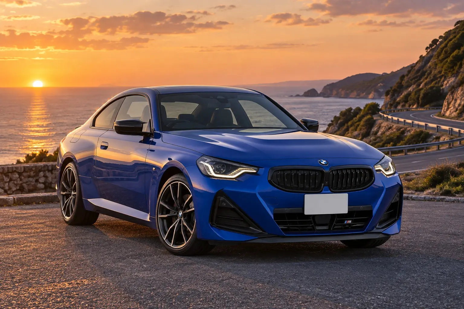 BMW 2シリーズ クーペ(G42型)220i M Sportを斜め前から見た実車イラスト。Mポルティマオ・ブルーのボディ、横長のキドニー・グリル、丸みのあるボンネット、短いリア・オーバーハング、18インチのホイール。夕方の海沿いのワインディング
