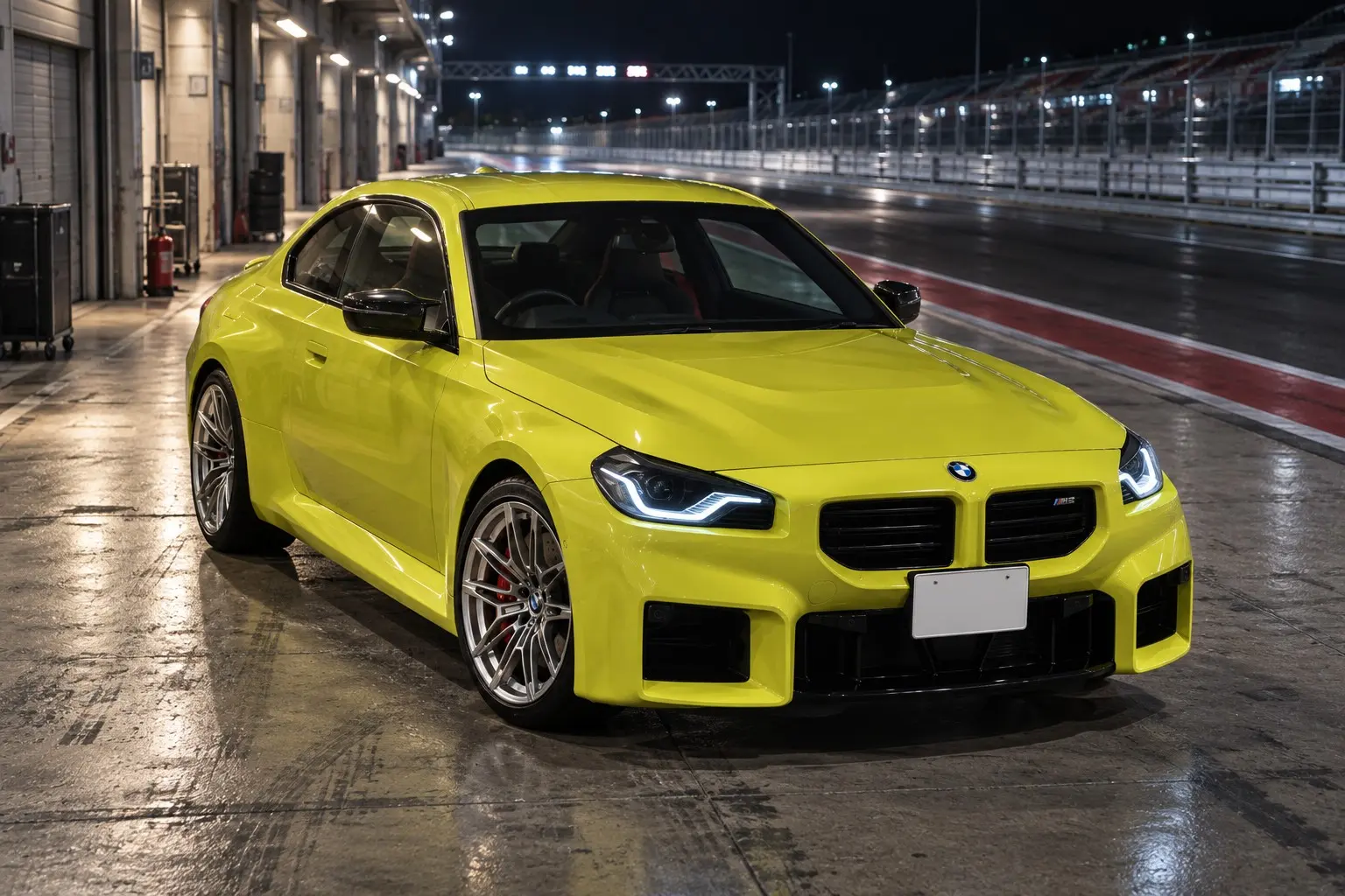 BMW M2(G87型)を斜め前から見た実車イラスト。Mサンパウロ・イエローのボディ、大きく張り出したフェンダー、横長のM専用キドニー・グリル、大きく開いたバンパーの開口部、太いタイヤ。夜のサーキットのピット・レーン