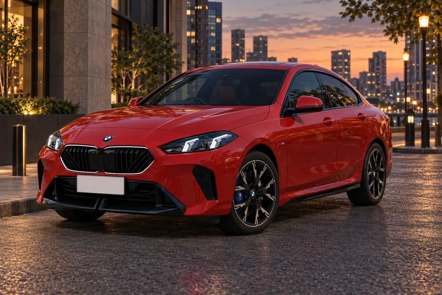 BMW 2シリーズ グラン クーペ(F74型)220 M Sportを斜め前から見た実車イラスト。ファイヤー・レッドのボディ、低く構えたキドニー・グリル、細いLEDヘッドライト、クーペのように後ろへ流れる屋根。夕方の都市の道