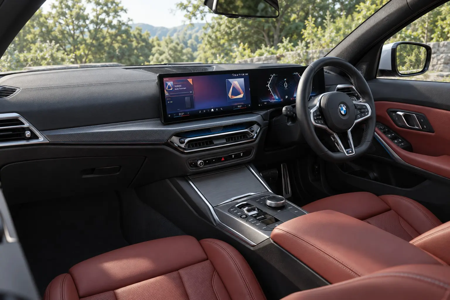 BMW 3シリーズ（G20型・改良後）の運転席まわりの実車イラスト。日本仕様の右ハンドル。横に長い曲面ディスプレイ、小さなシフト・セレクター、Mスポーツ・ステアリング、ヴァーネスカ・レザーのシート