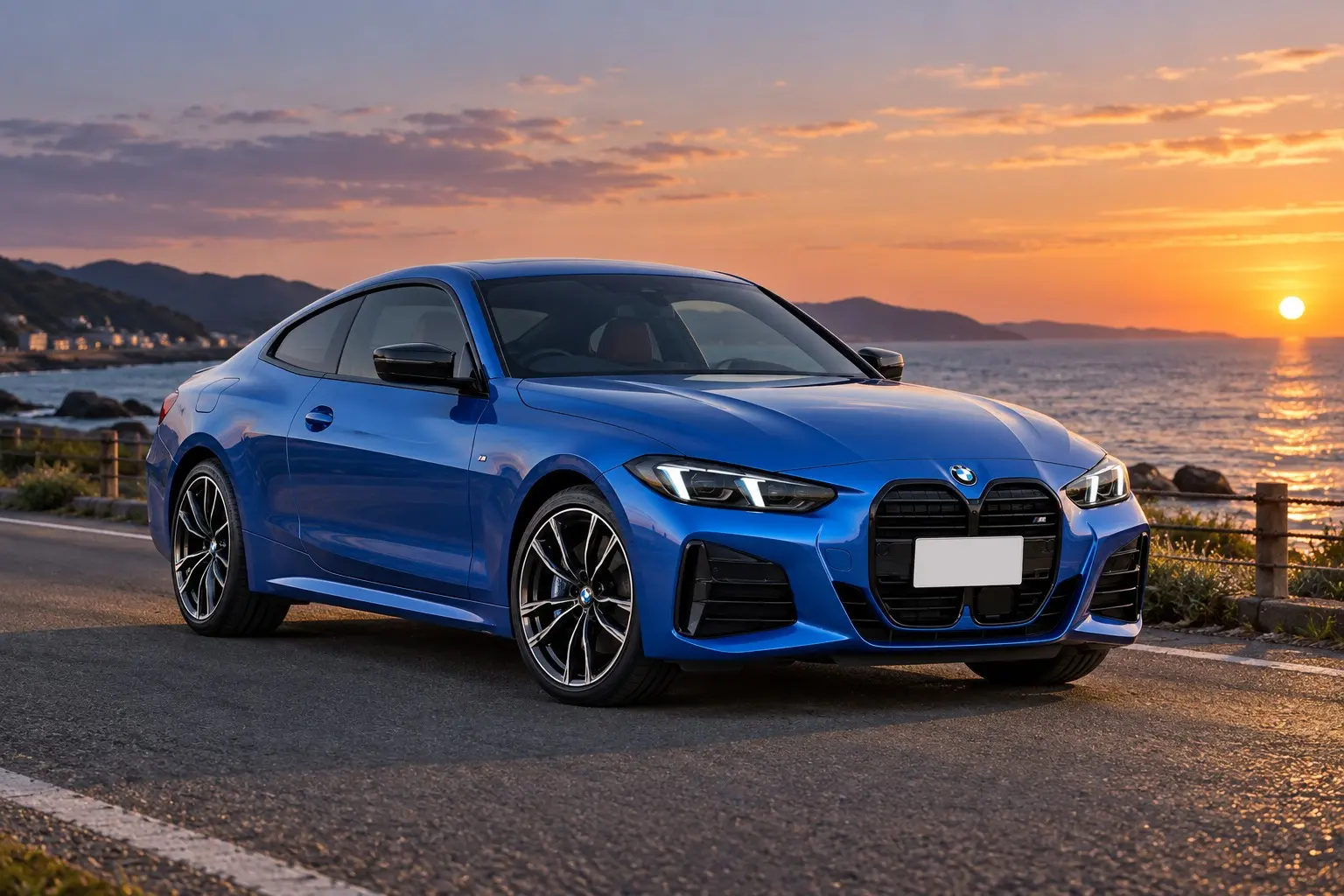 BMW 4シリーズ クーペ（G22型・改良後）420i M Sportを斜め前から見た実車イラスト。アークティック・レース・ブルーのボディ、縦に大きなキドニー・グリル、細いLEDヘッドライト、低く長いボンネット。夕暮れの海沿いの道