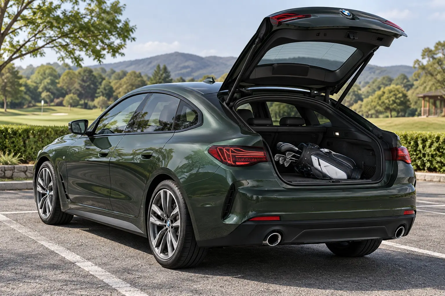BMW 4シリーズ グラン クーペ（G26型・改良後）420d xDriveを斜め後ろから見た実車イラスト。テールゲートを大きく開けた状態、広い荷室にゴルフバッグ、ケープ・ヨーク・グリーンのボディ。郊外のゴルフ場の駐車場