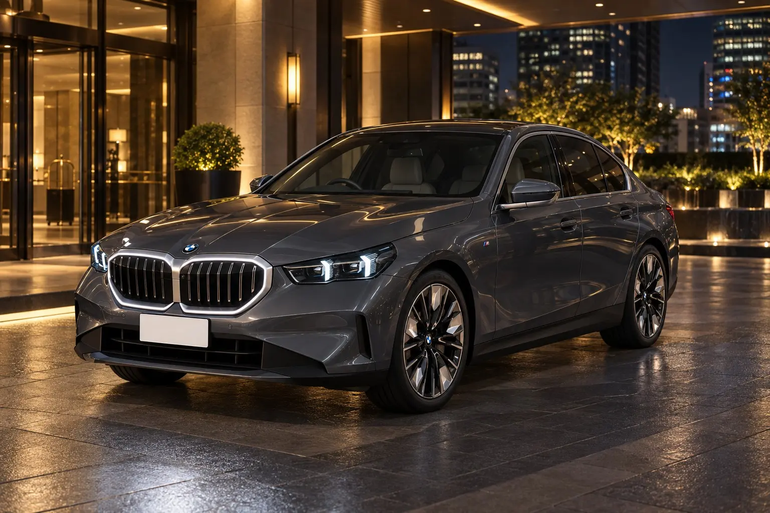 BMW 5シリーズ セダン（G60型）523i M Sportを斜め前から見た実車イラスト。オキサイド・グレーのボディ、縁が光るキドニー・グリル（アイコニック・グロー）、細く鋭いLEDヘッドライト、長いボンネット。夜の都心のホテルの車寄せ
