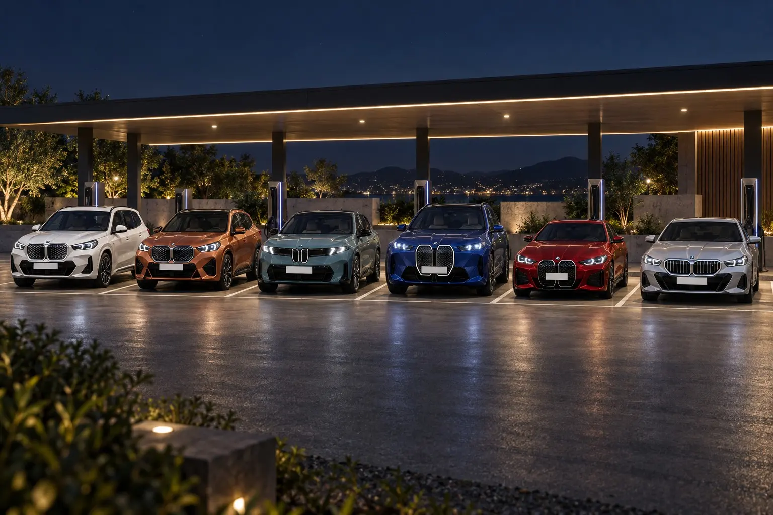 BMWの電気自動車(iX1・iX2・新型iX3・iX・i4・i5)を小さい順に横一列に並べた実車イラスト。色はそれぞれ違う。夜の広い充電ステーション、柔らかな照明