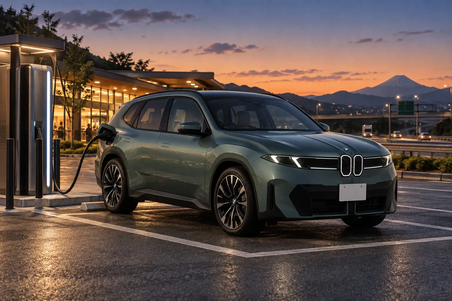 新型BMW iX3が、高速道路のサービス・エリアの超急速充電器につながっている実車イラスト。ユーカリ・グリーンのボディ、充電ケーブル、夕方の空