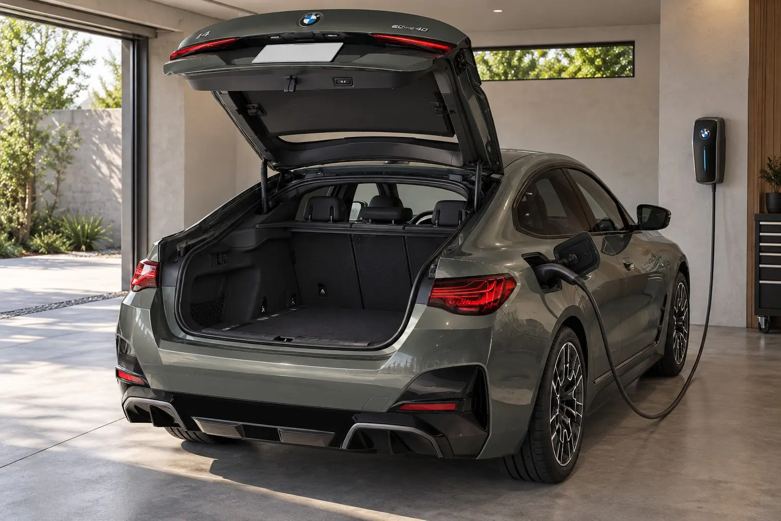 BMW i4 eDrive40 M Sportを斜め後ろから見た実車イラスト。ケープ・ヨーク・グリーンのボディ、大きく開いたテールゲートと広い荷室、横長のLEDテールランプ、排気管のないリア・バンパー。自宅のガレージで充電中