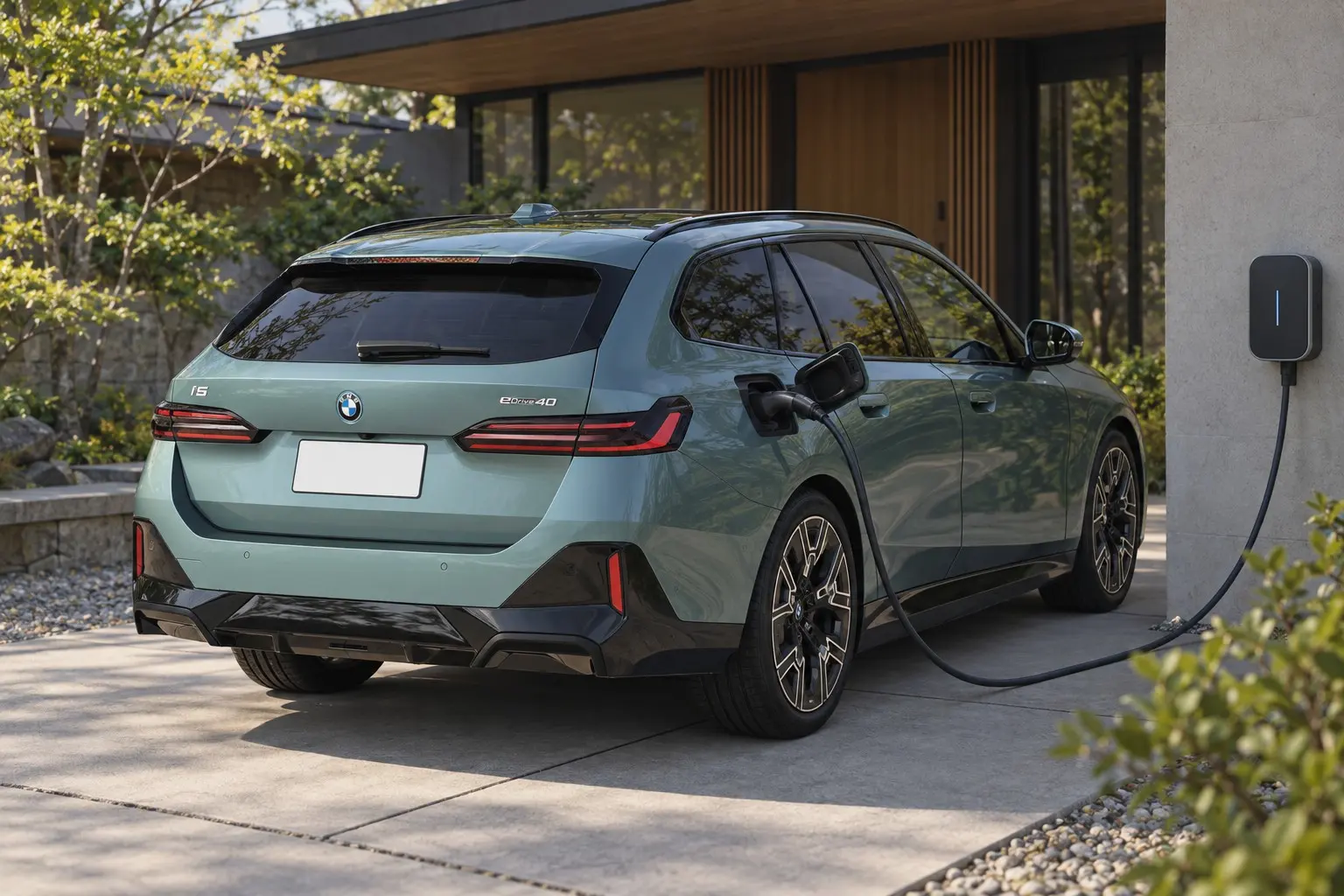 BMW i5 eDrive40 M Sport ツーリングを斜め後ろから見た実車イラスト。ケープ・ヨーク・グリーンのボディ、長いルーフ・ライン、横長のLEDテールランプ、排気管のないリア・バンパー。家の前の駐車場で、壁の充電器につながっている