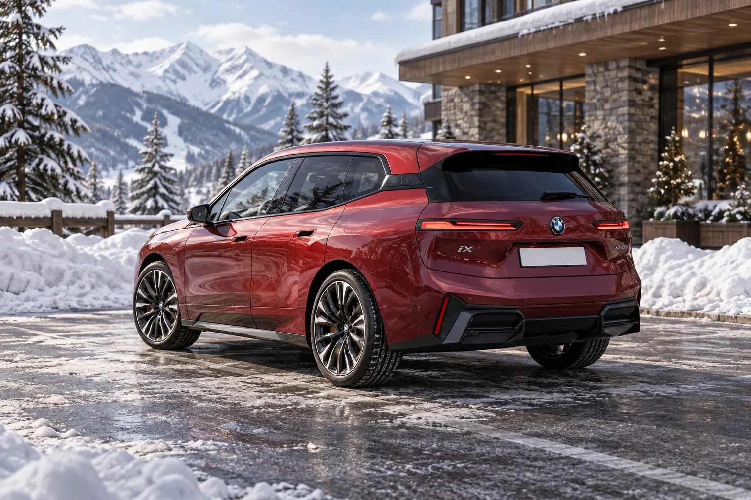 BMW iX xDrive60 M Sportを斜め後ろから見た実車イラスト。アヴェンチュリン・レッドのボディ、細く横に伸びたLEDテールランプ、平らなテールゲート。冬の高原のリゾート・ホテルの駐車場